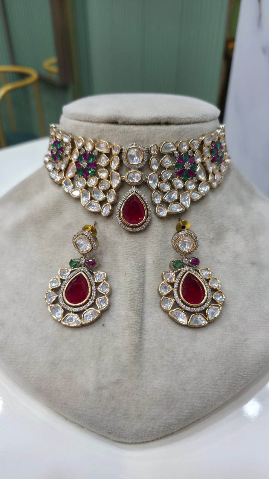 Arifa Polki Kundan Choker Necklace Set- Red Ruby Green