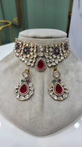 Arifa Polki Kundan Choker Necklace Set- Red Ruby Green