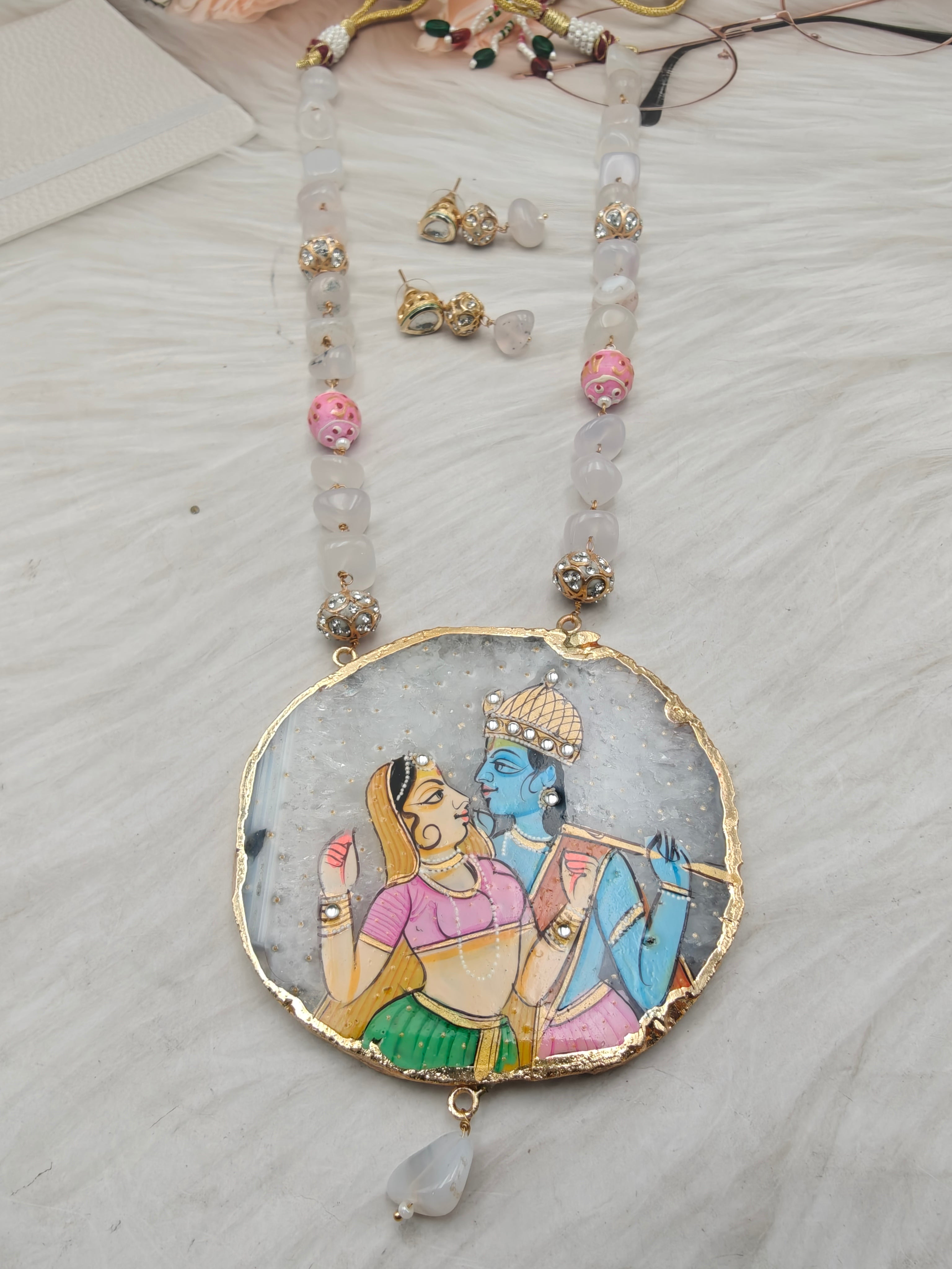 Radha Krishna Tanjore Natural Stone Necklace Set - White