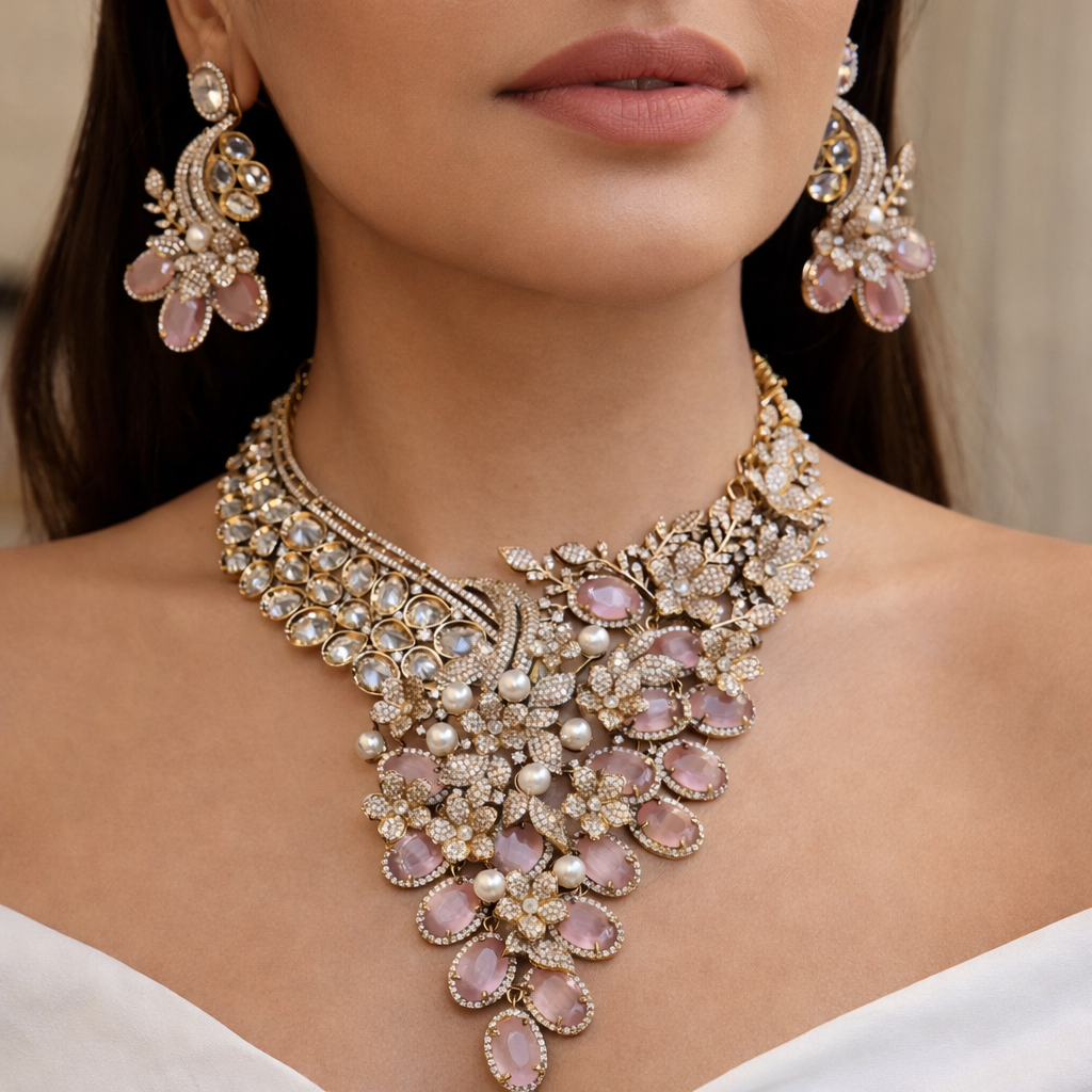 Trisha Premium Statement Necklace Set- Pink