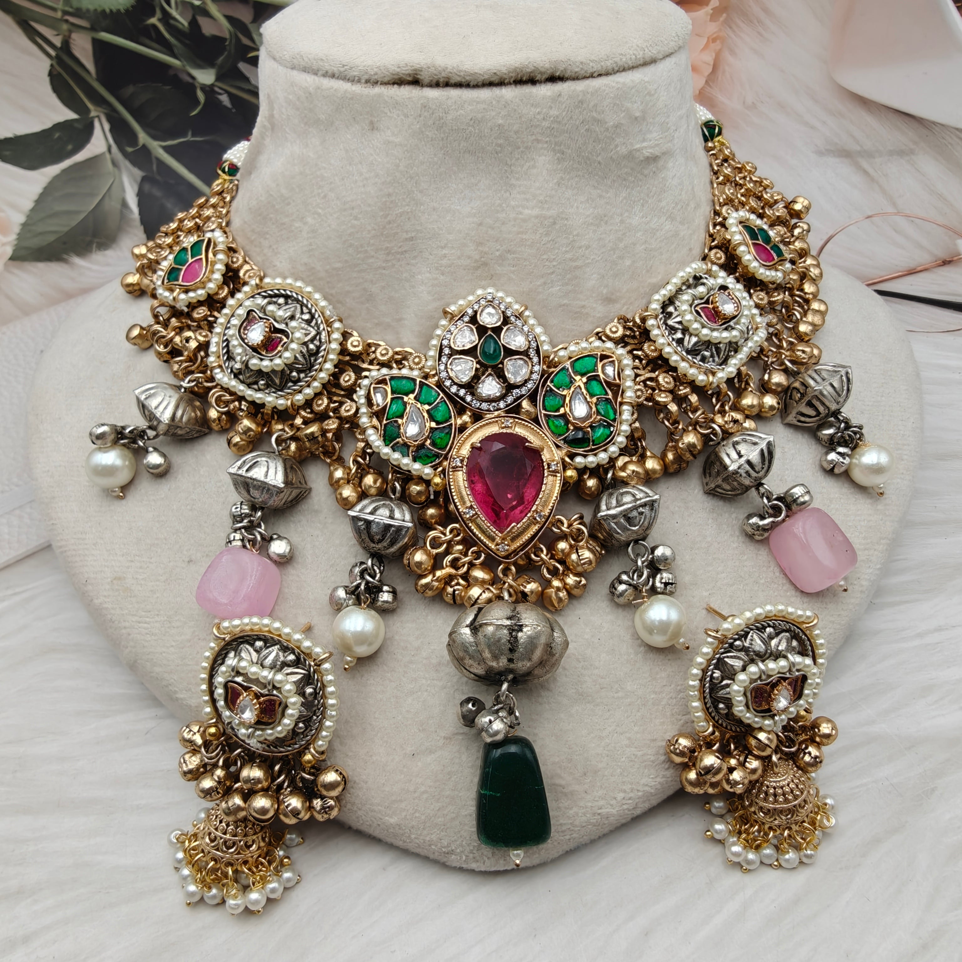 Sajana Amrapali Brass Fusion Necklace Set - Red n Green