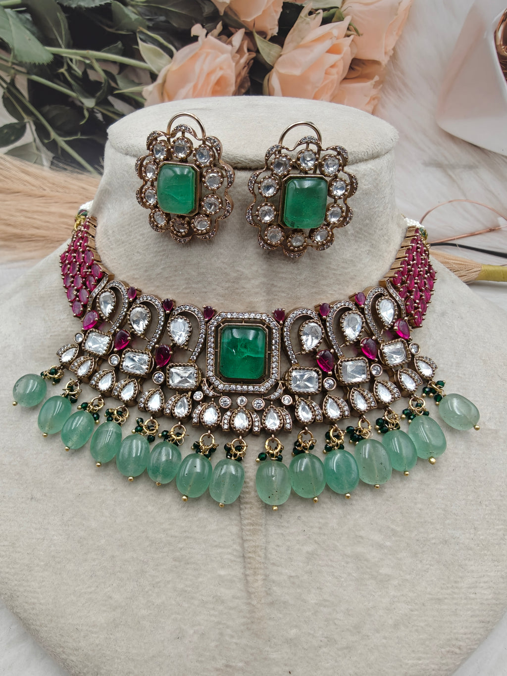 Kahani-e-Noor Premium Uncut Moissanite Polki and Doublet Choker Set- Ruby and Green Flourite
