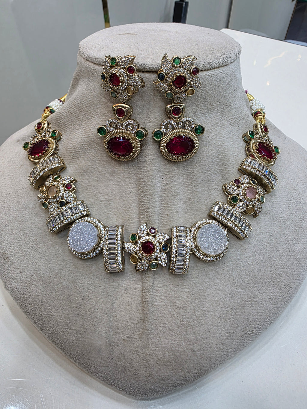 Svarag Sabyasachi Inspired Druzy Stone Choker Necklace Set- White and Red