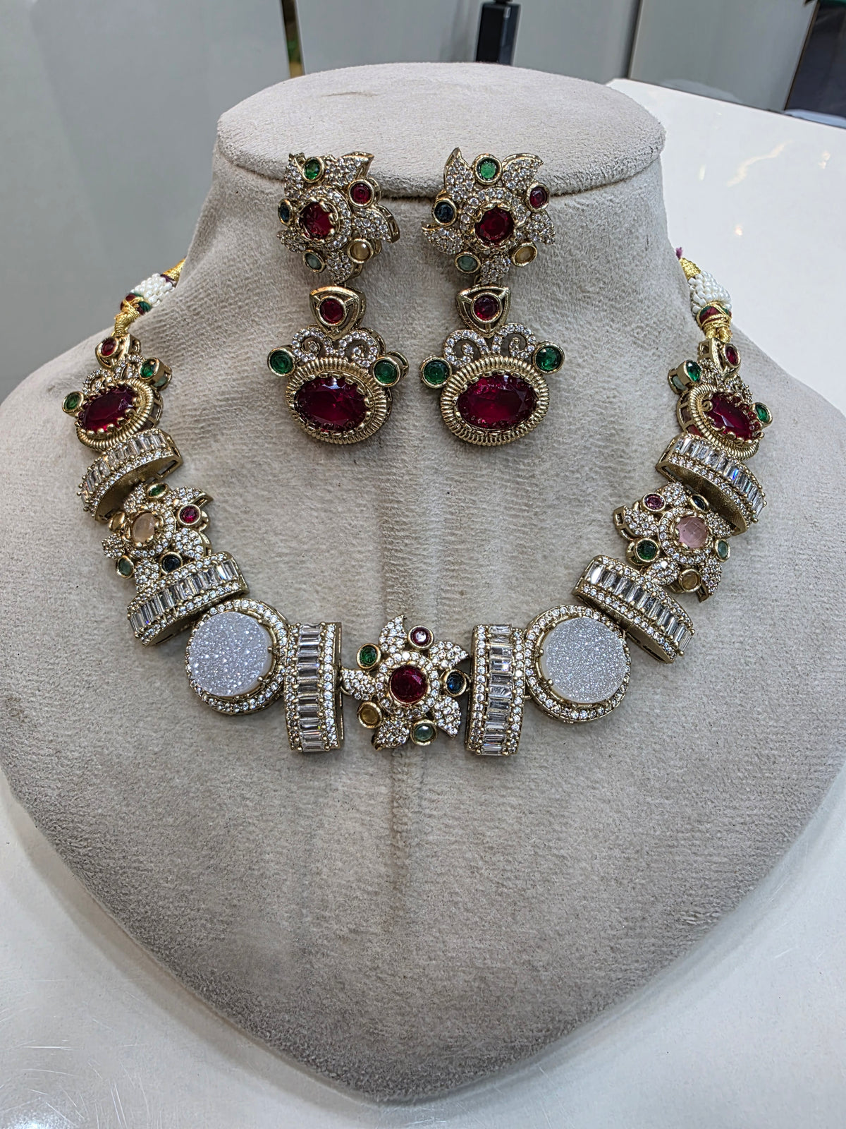 Svarag Sabyasachi Inspired Druzy Stone Choker Necklace Set- White and Red