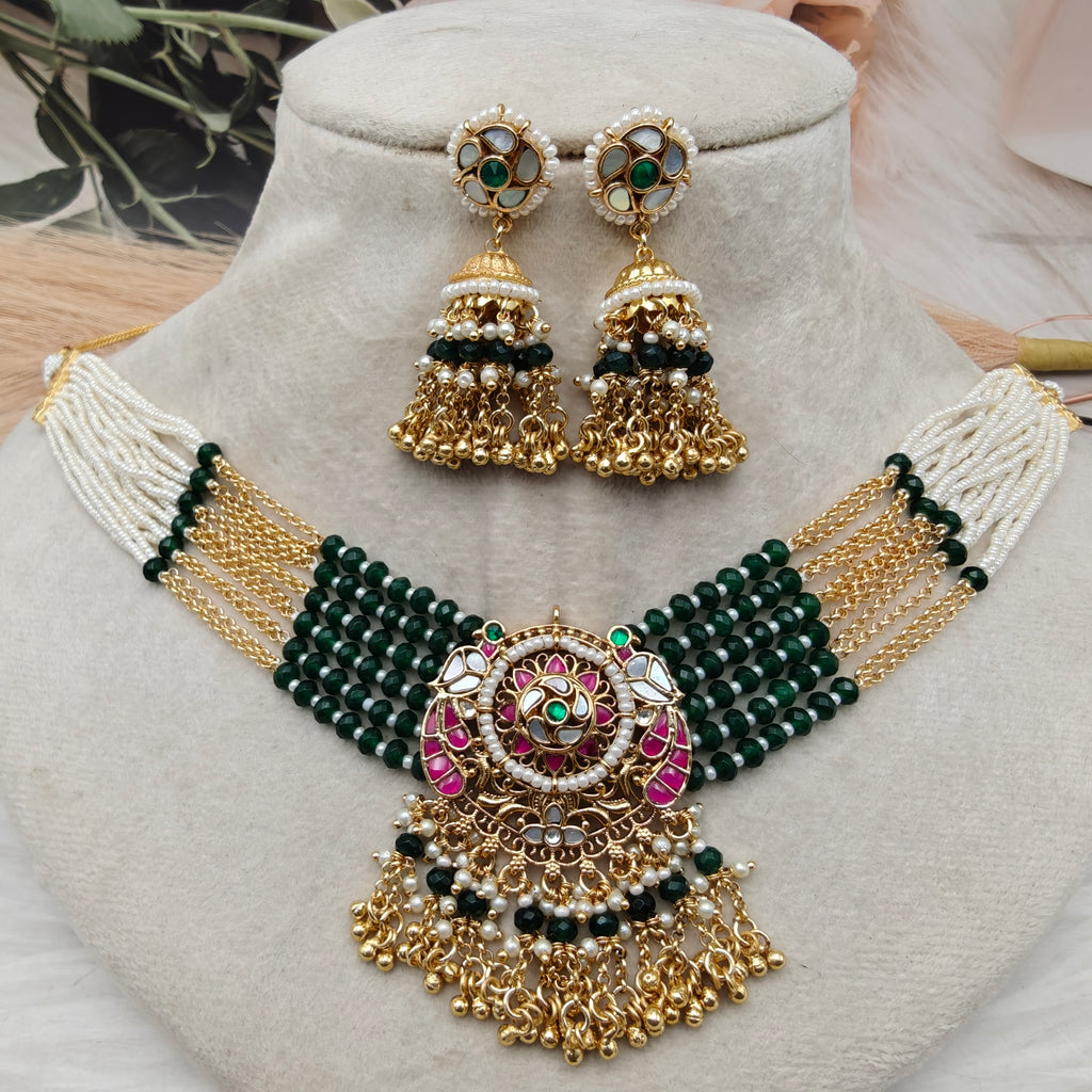 Vatsala Premium Pachi Kundan Choker Set - Green n Ruby