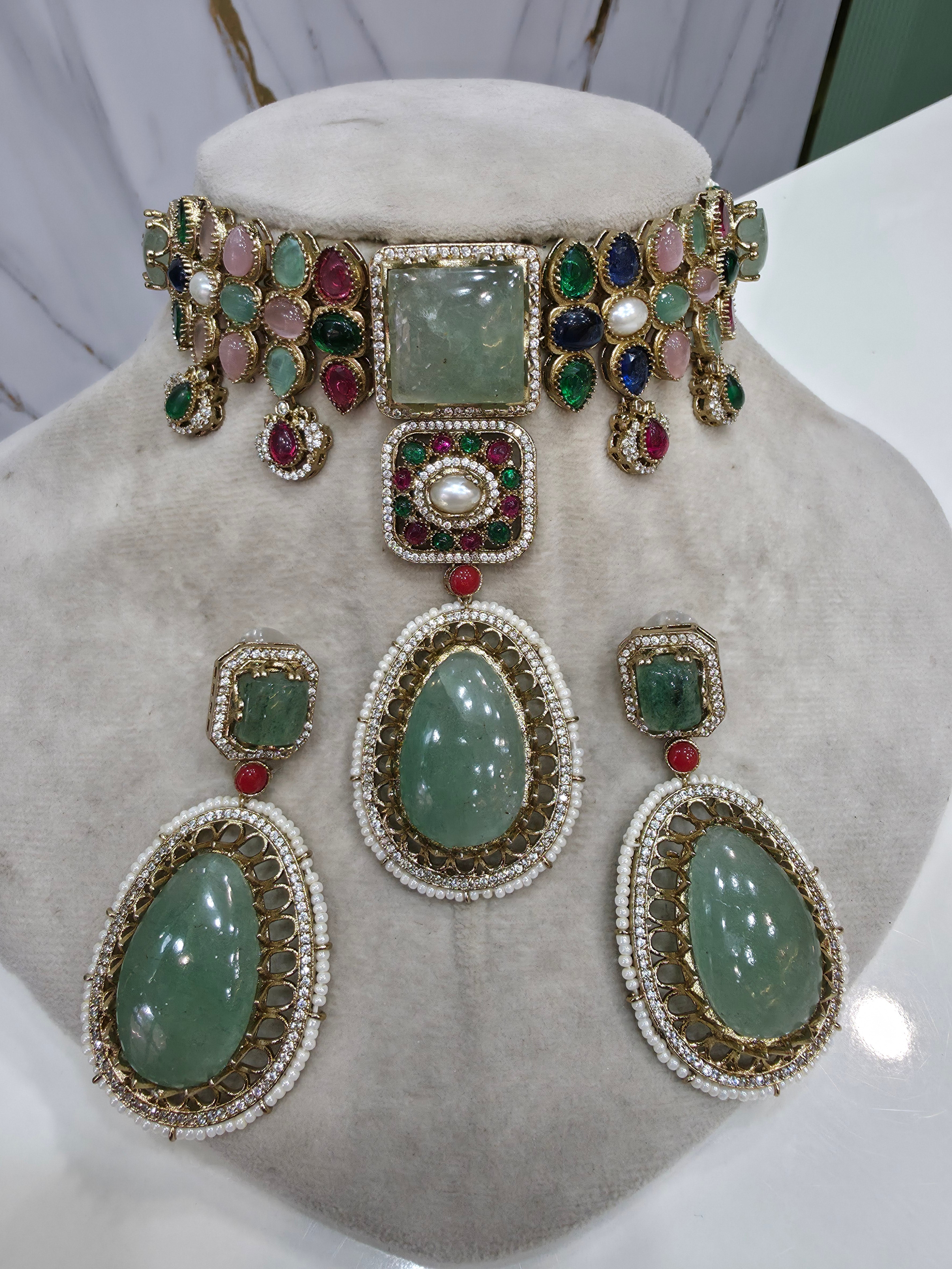 Alokika Sabya Inspired Pearl and Natural Stone Necklace Set- Mint Multi