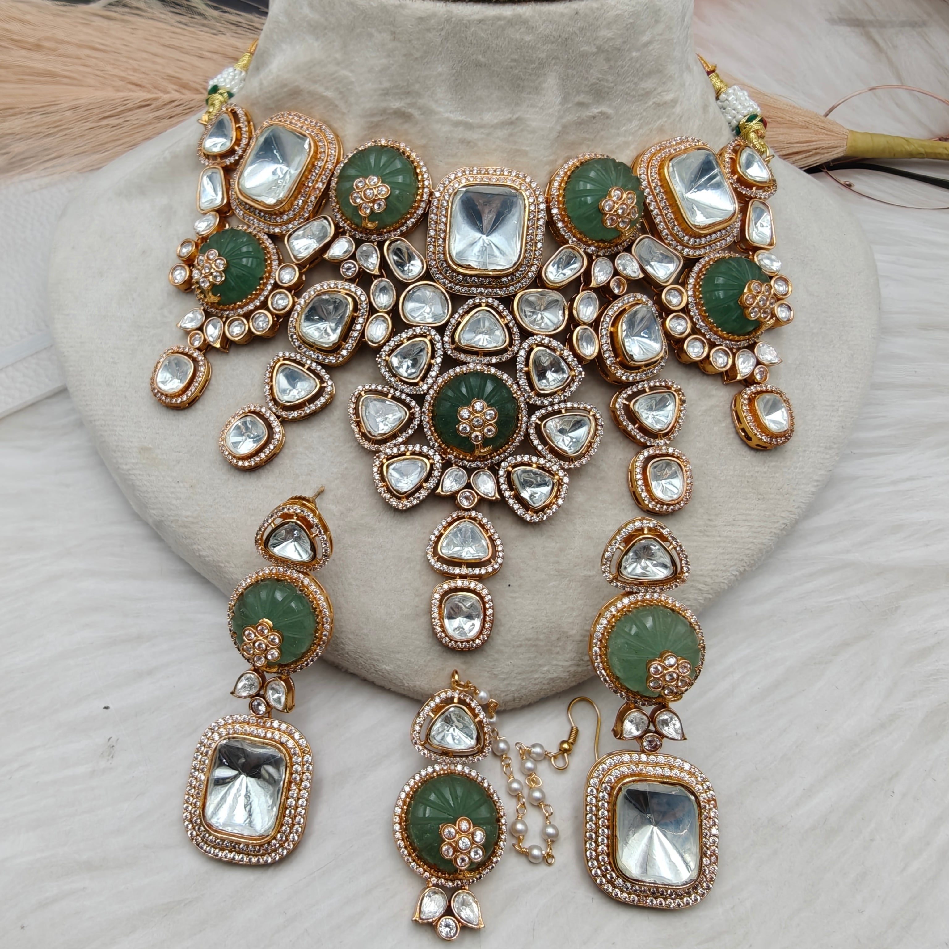 Mintara Polki Kundan Necklace Set with Mangtikka- Mint