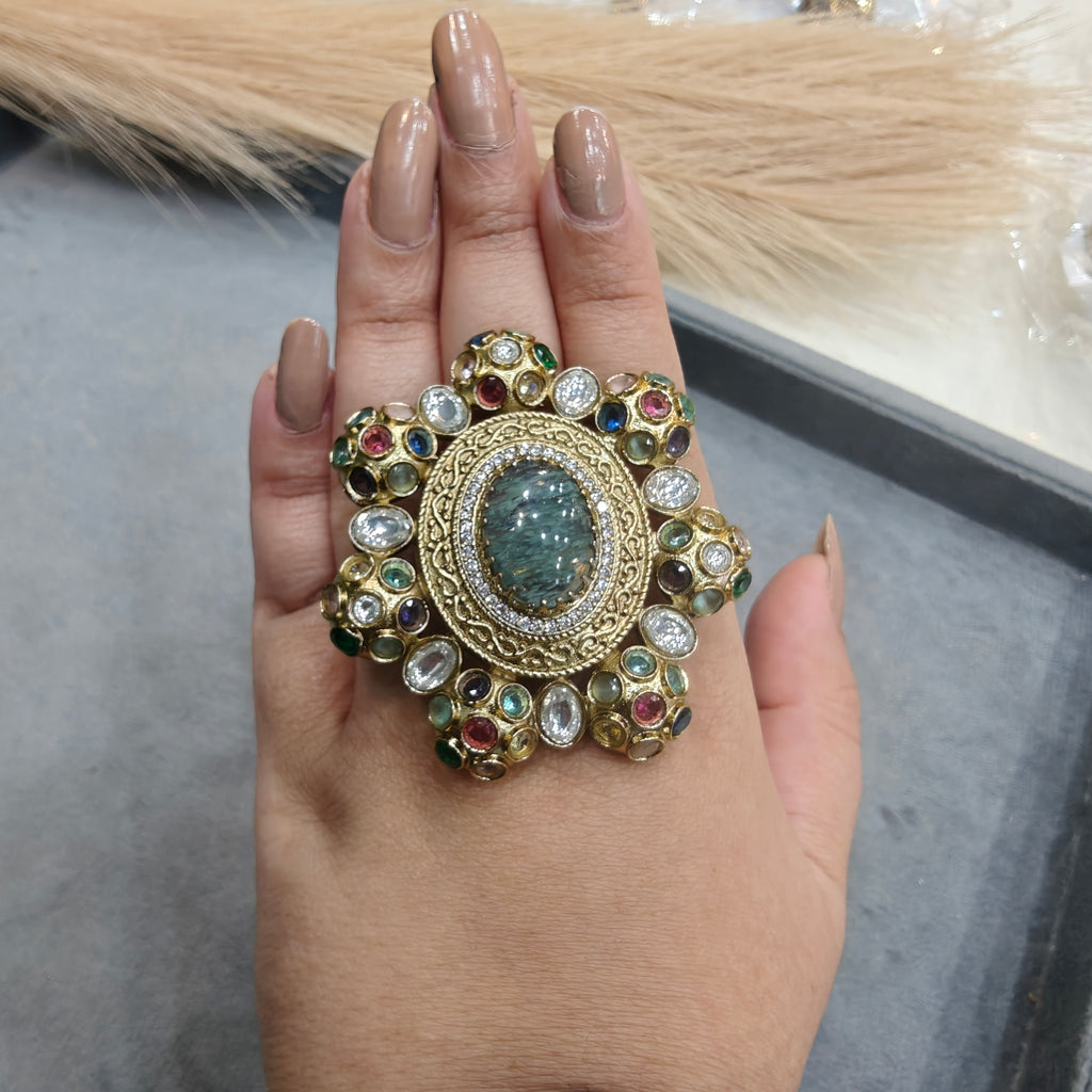 Sabyasachi Inspired Big Size Cocktail Adjustable Ring- Moss Green