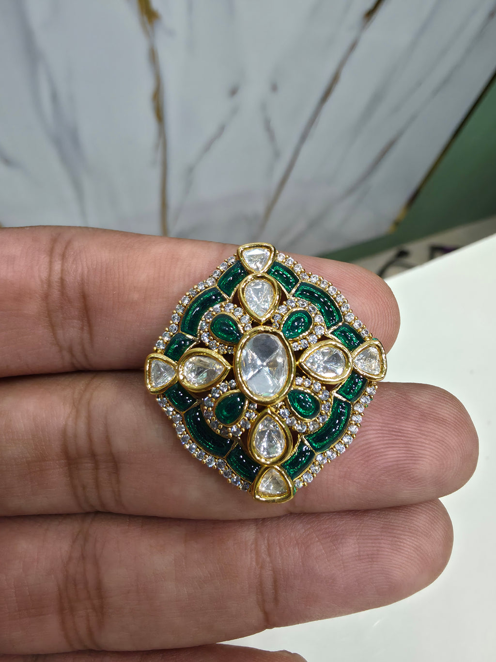 Spardha Moissanite Polki Adjustable Ring- Emerald Green