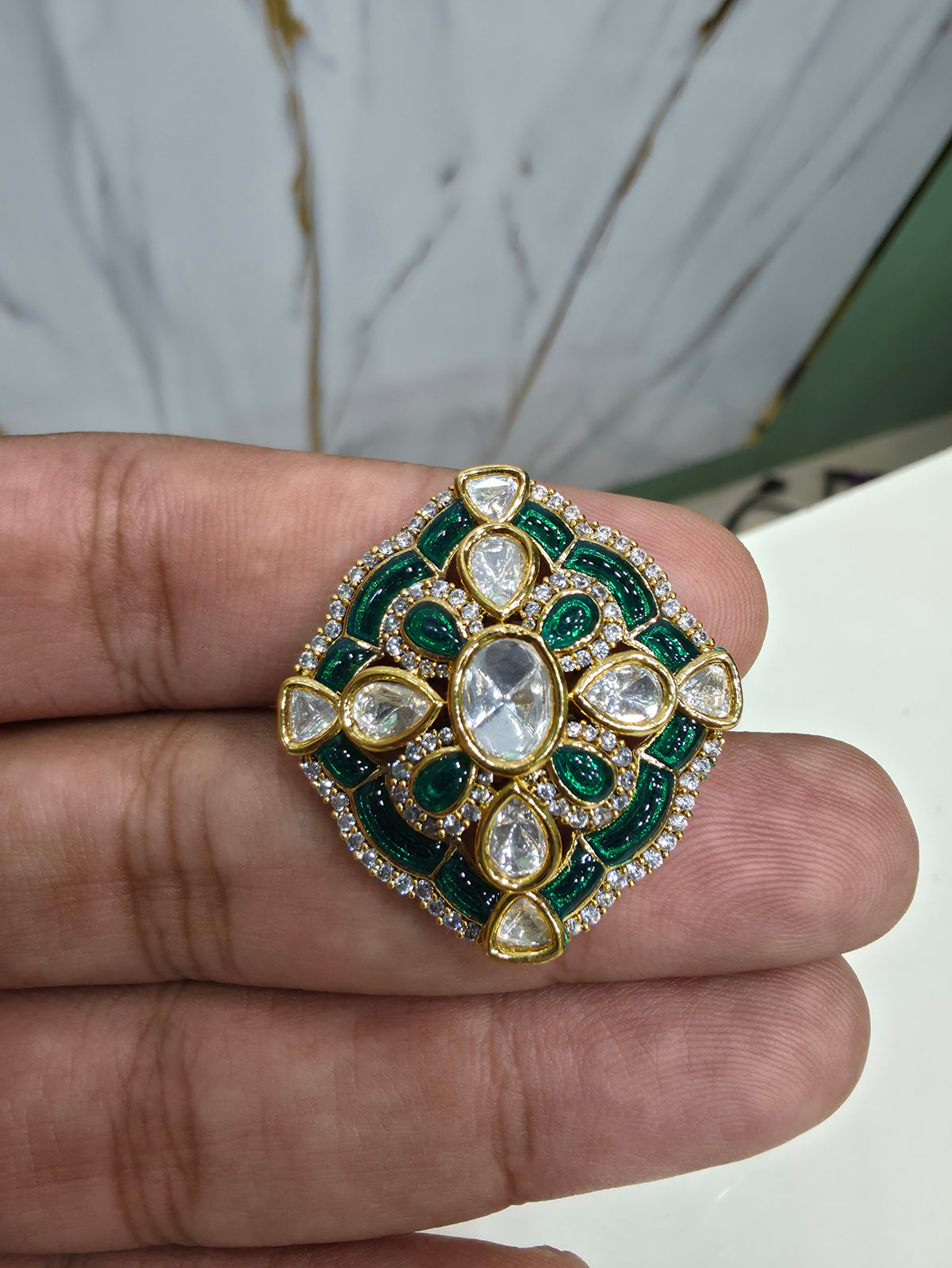 Spardha Moissanite Polki Adjustable Ring- Emerald Green