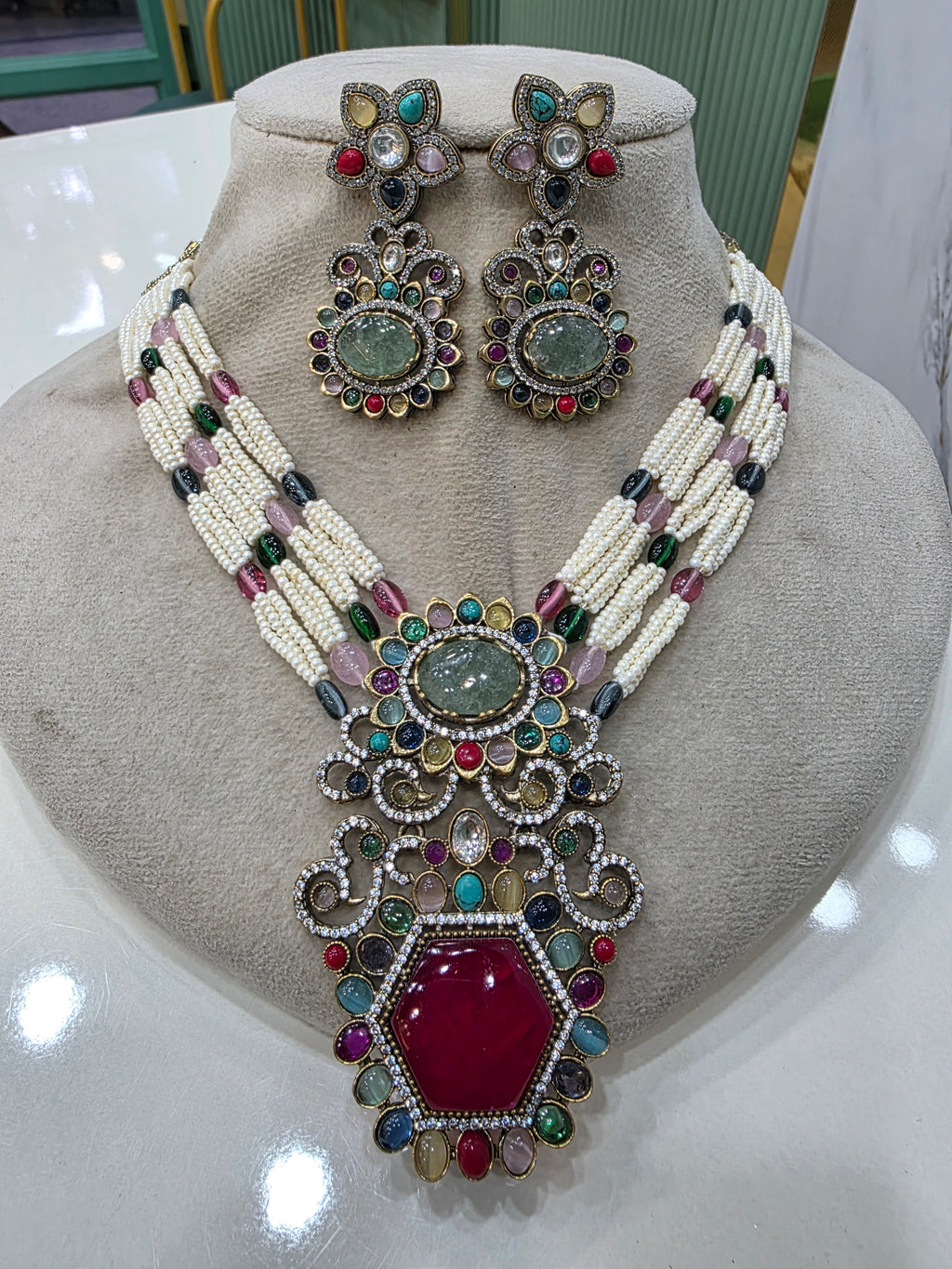 Saarvi Sabya Inspired Choker Necklace Set-  Ruby Mint Multi