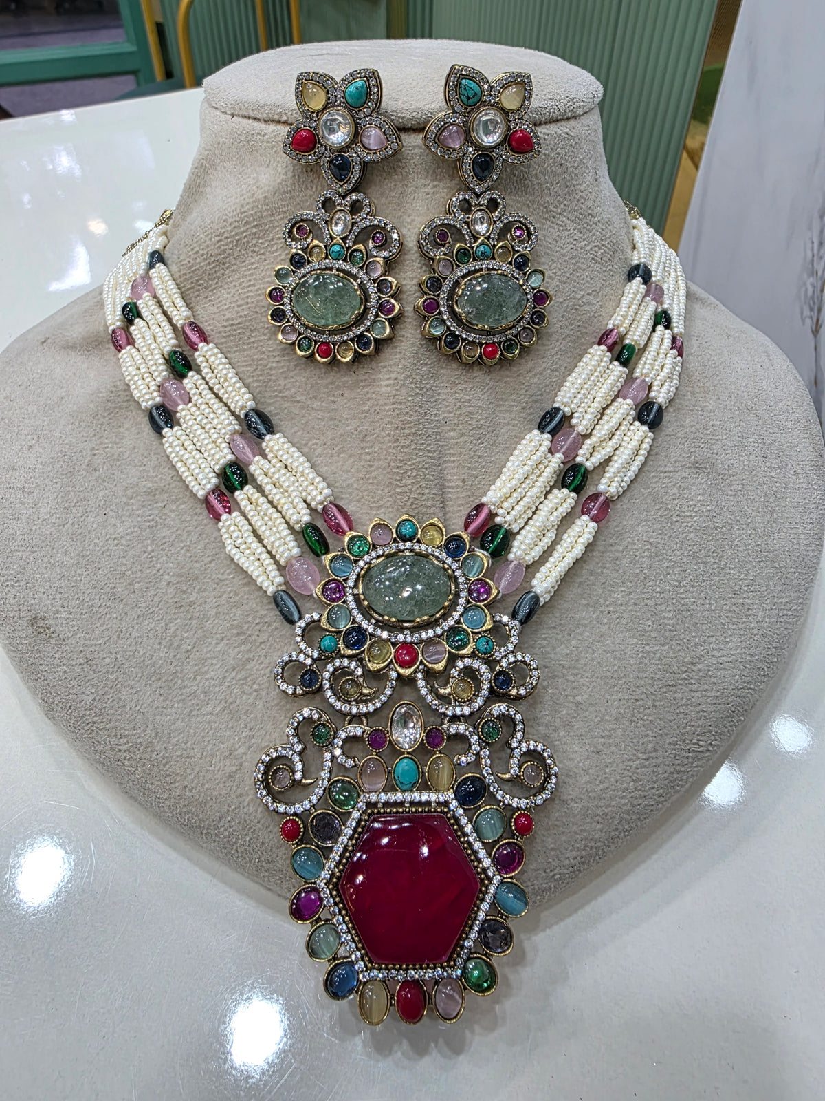 Saarvi Sabya Inspired Choker Necklace Set-  Ruby Mint Multi