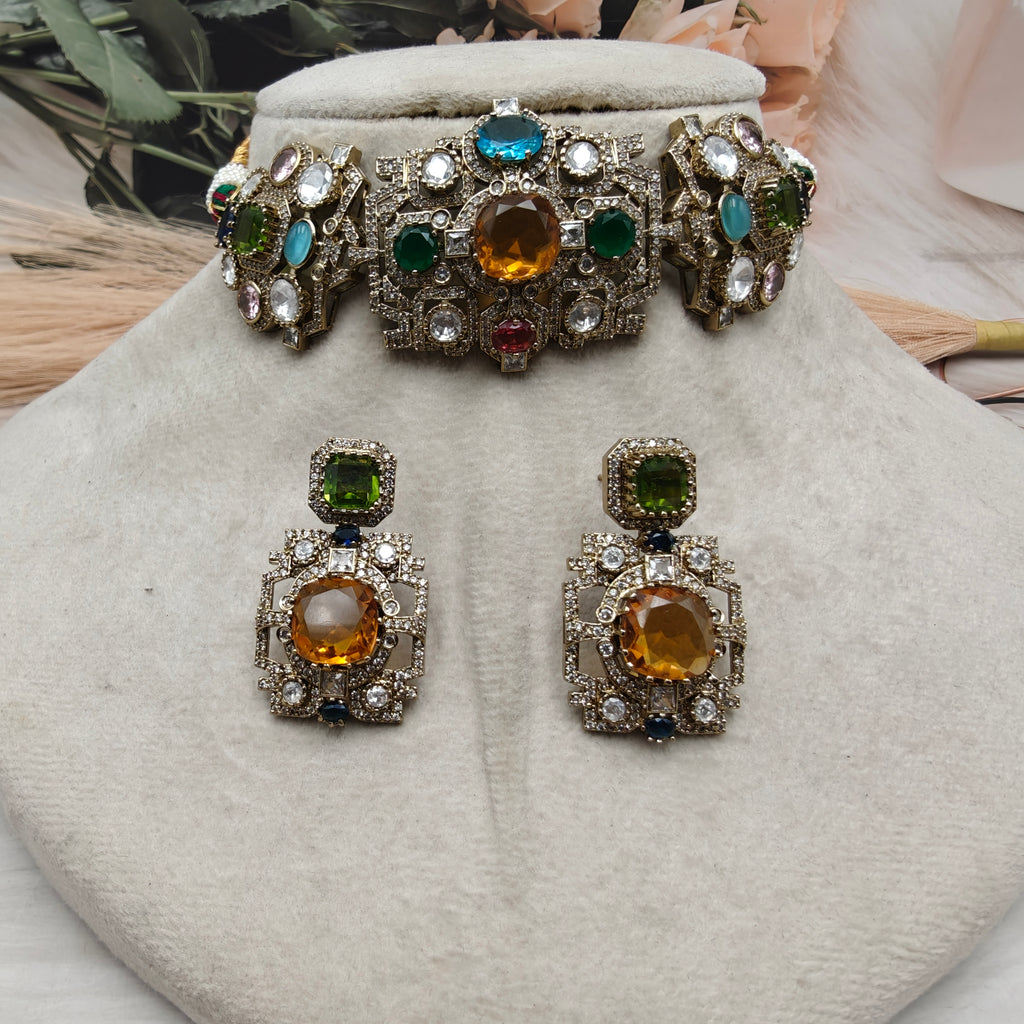 Sabyasachi Inspired Vatsala Multi Quartz Choker Set- Yellow Gold Multi