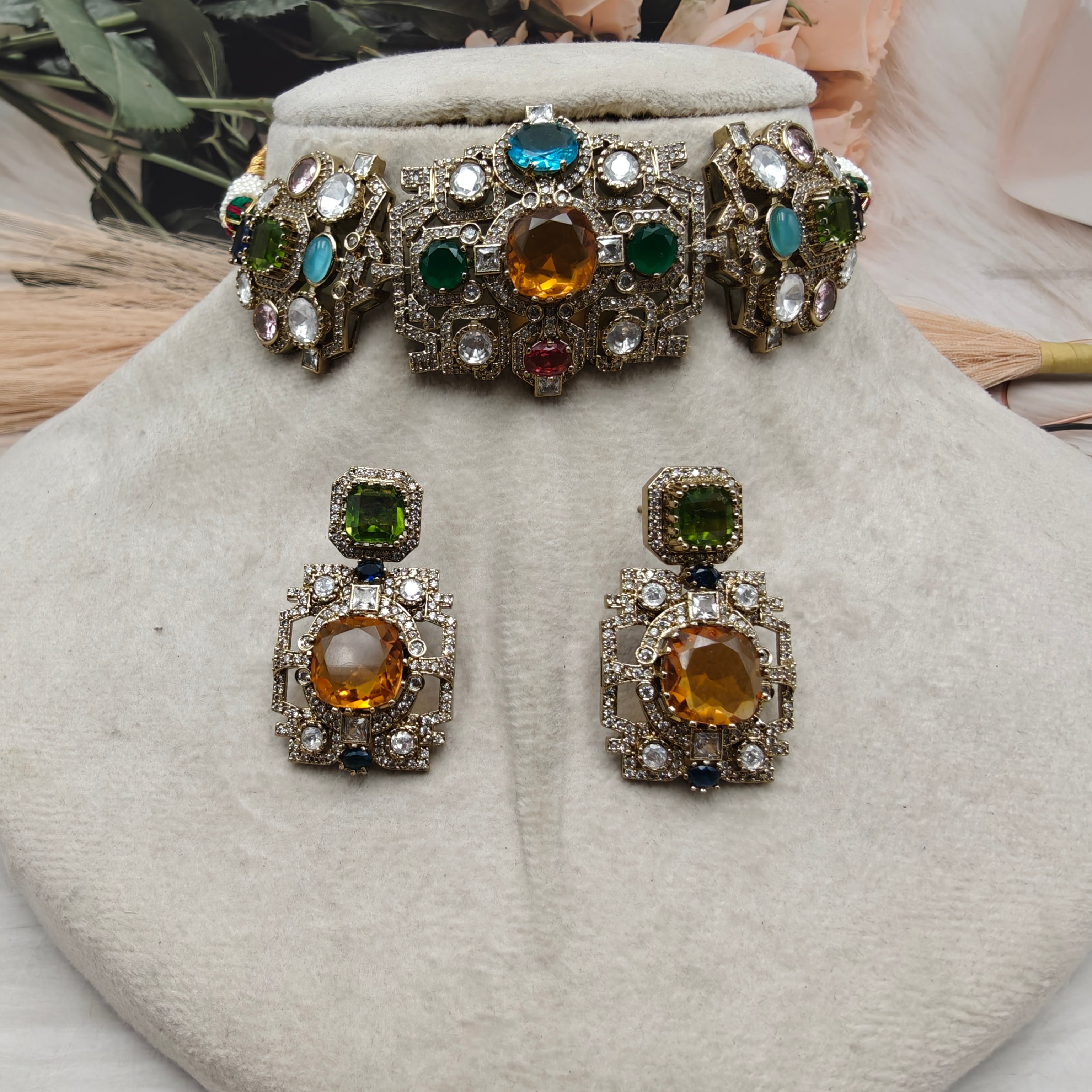 Sabyasachi Inspired Vatsala Multi Quartz Choker Set- Yellow Gold Multi