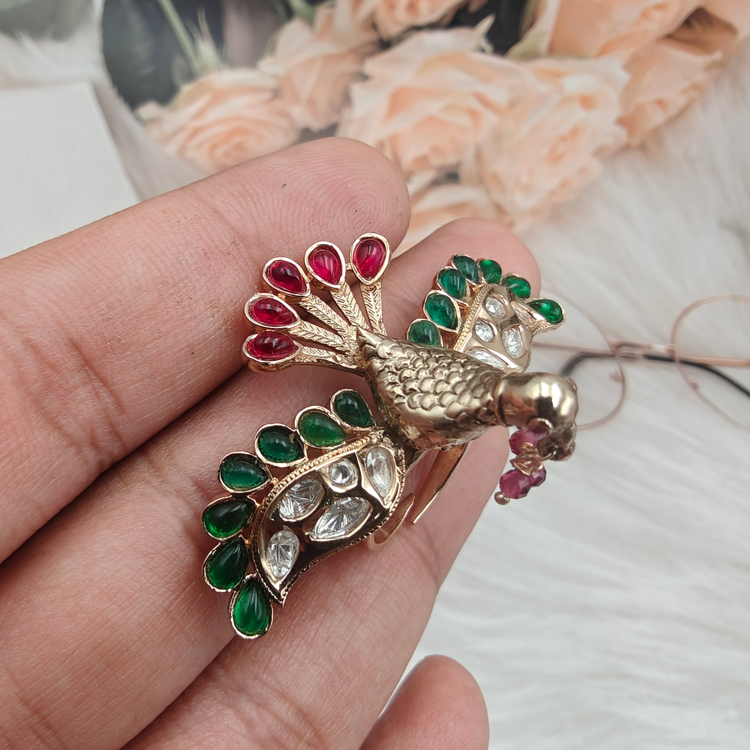 Bird Moissanite Adjustable Ring- Red Green