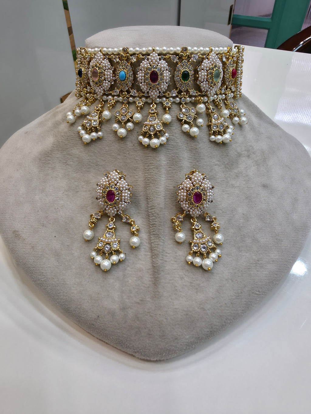 Mughal Inspired Madhumita Pearl Choker Set -Multi