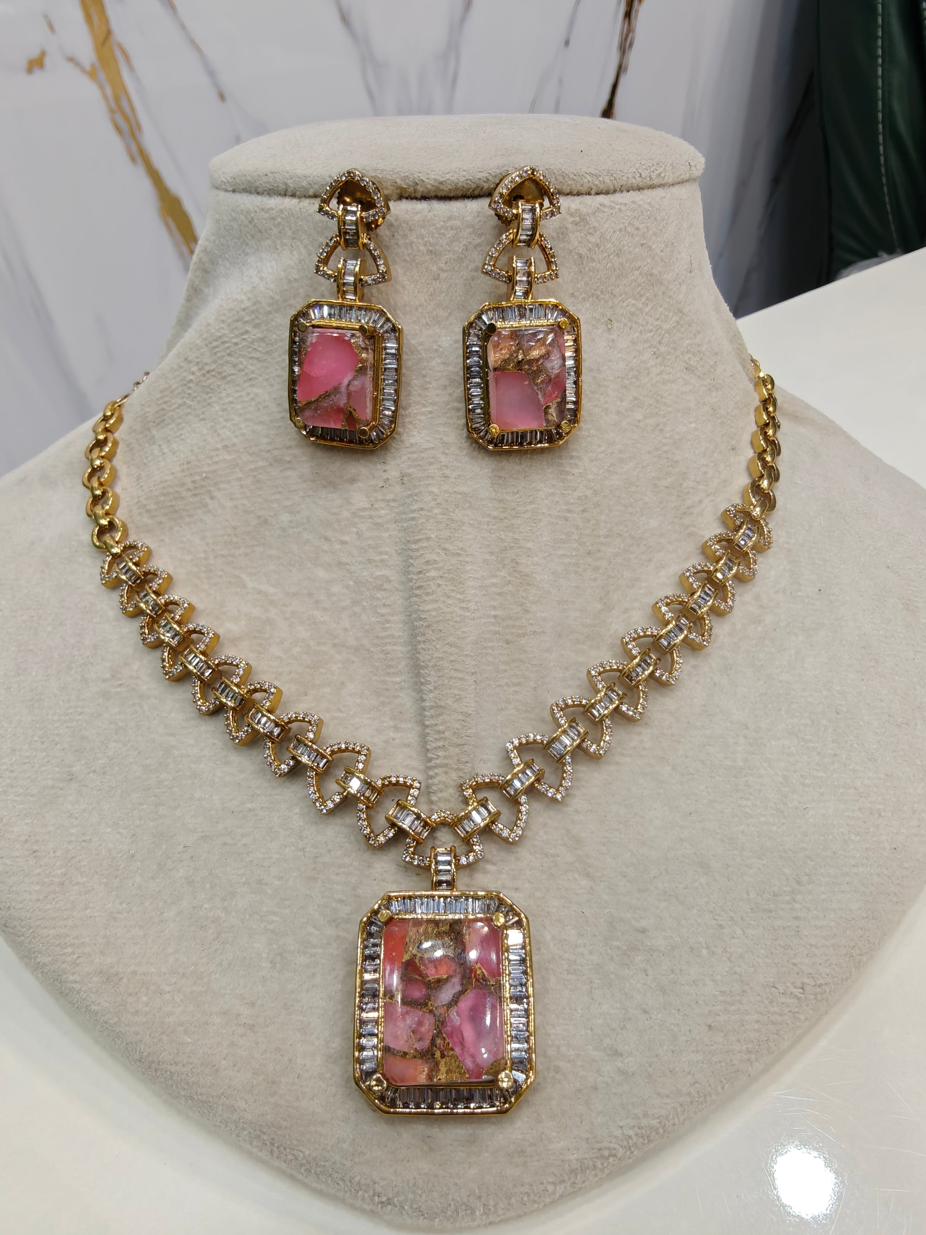 Kanishka Tourmaline Doublet And Baguette Necklace Set - Pink