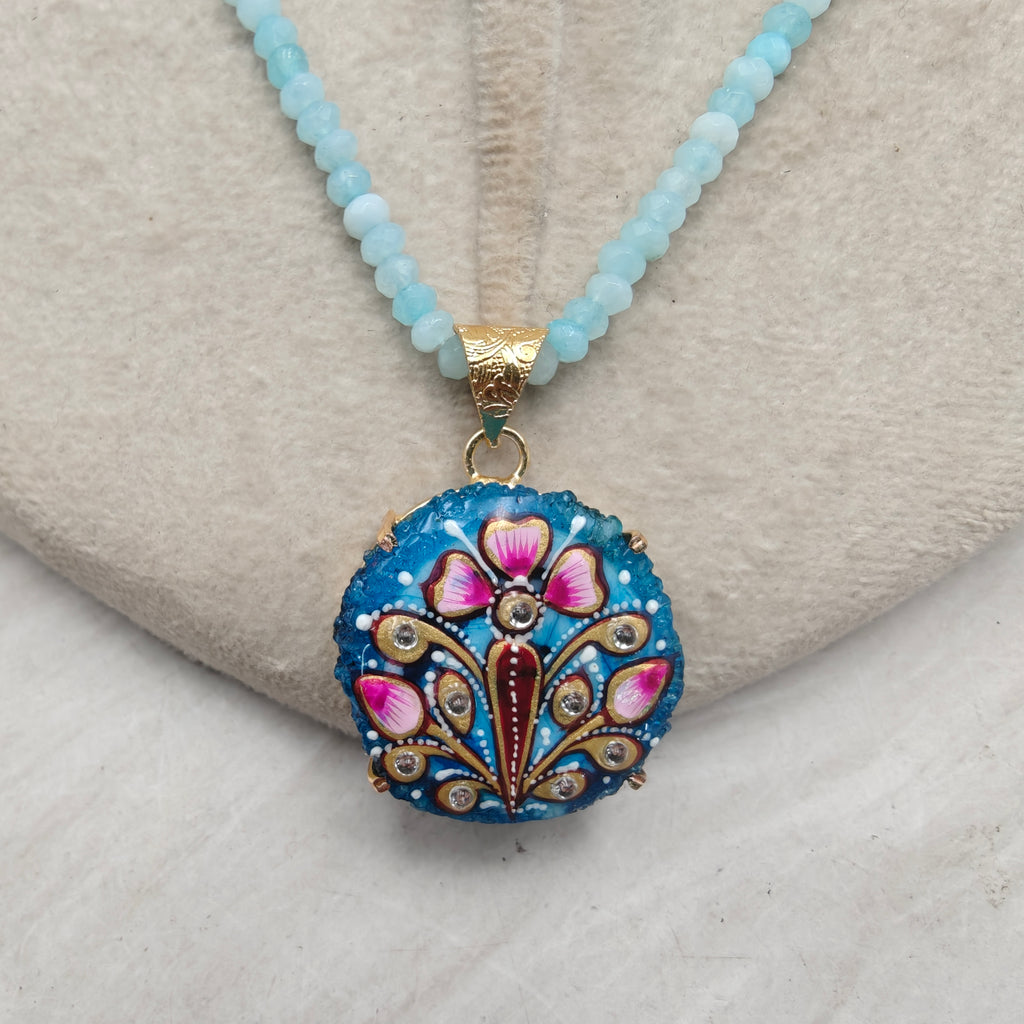 Tanjore Solar Quartz and Onyx Pendant Set- Sky Blue