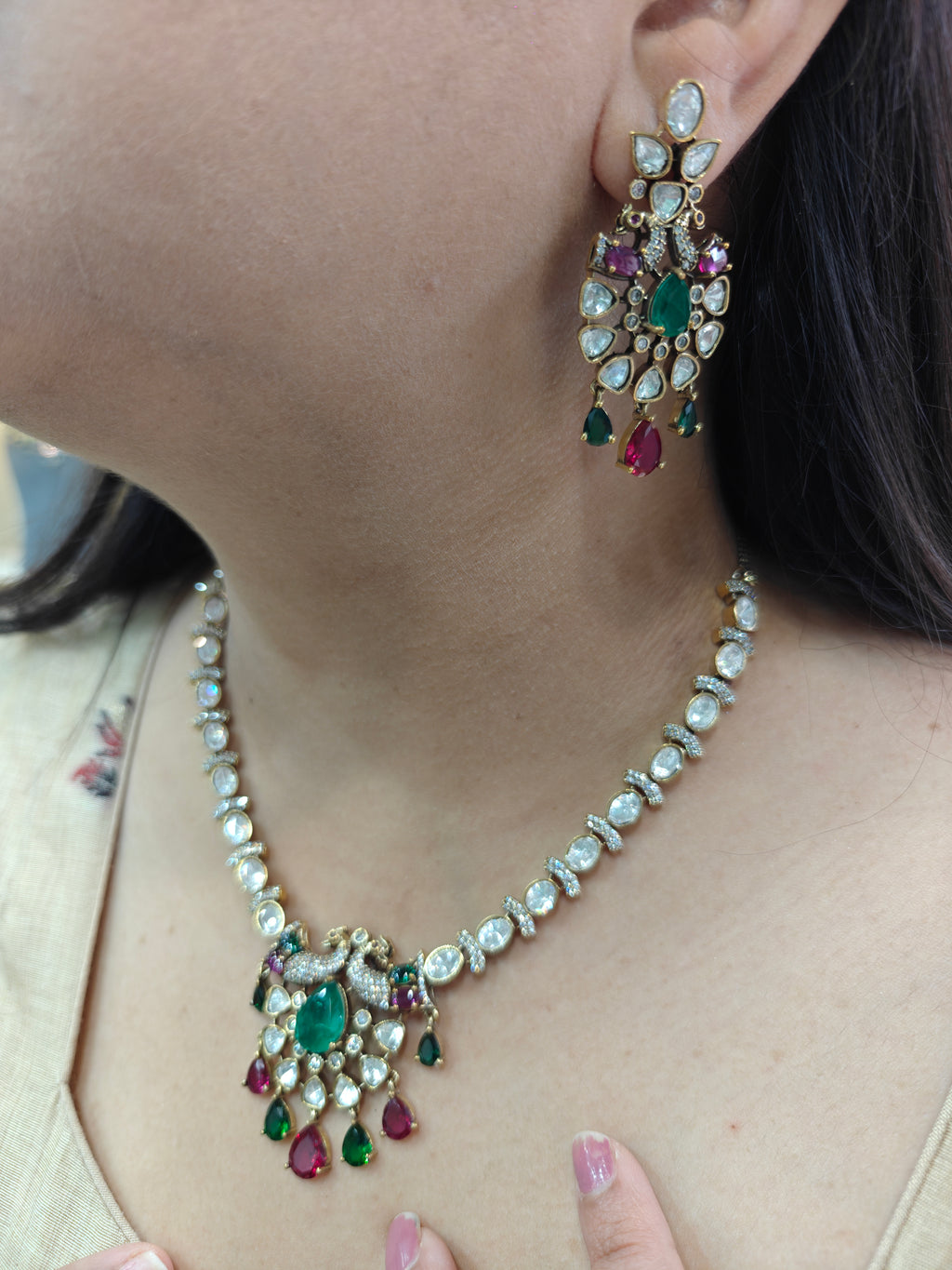 Chandrika Morni Uncut Moissanite Polki Necklace Set- Green Ruby