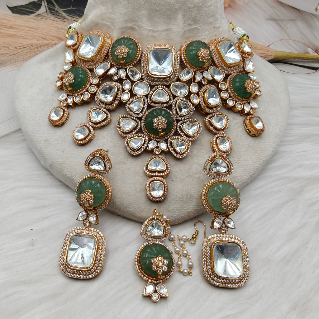 Mintara Polki Kundan Necklace Set with Mangtikka- Mint