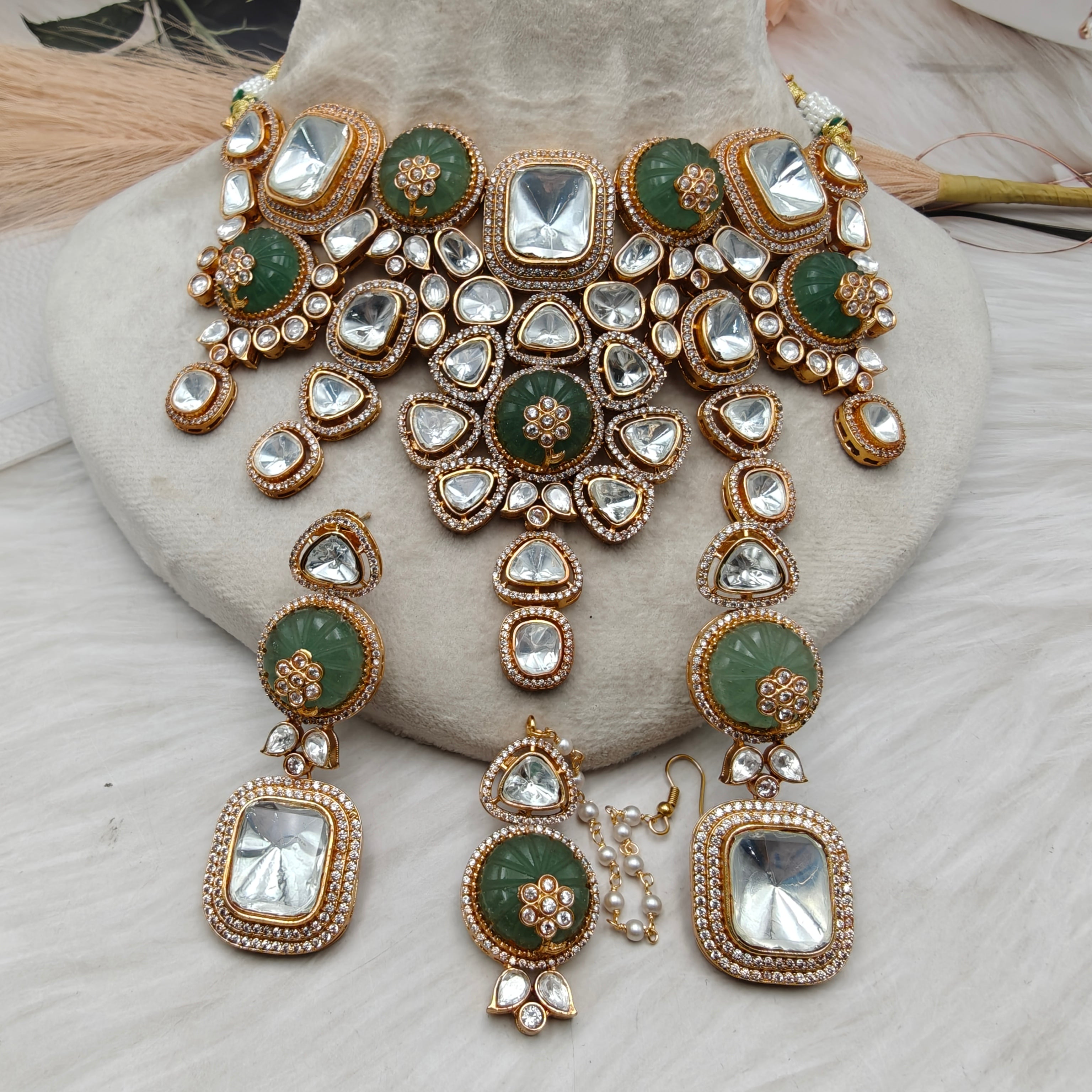 Mintara Polki Kundan Necklace Set with Mangtikka- Mint