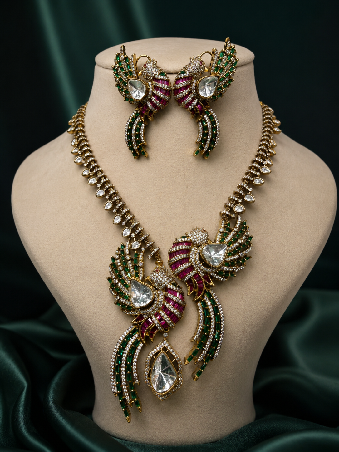 Vantara Udaan Statement Necklace Set- Green Ruby