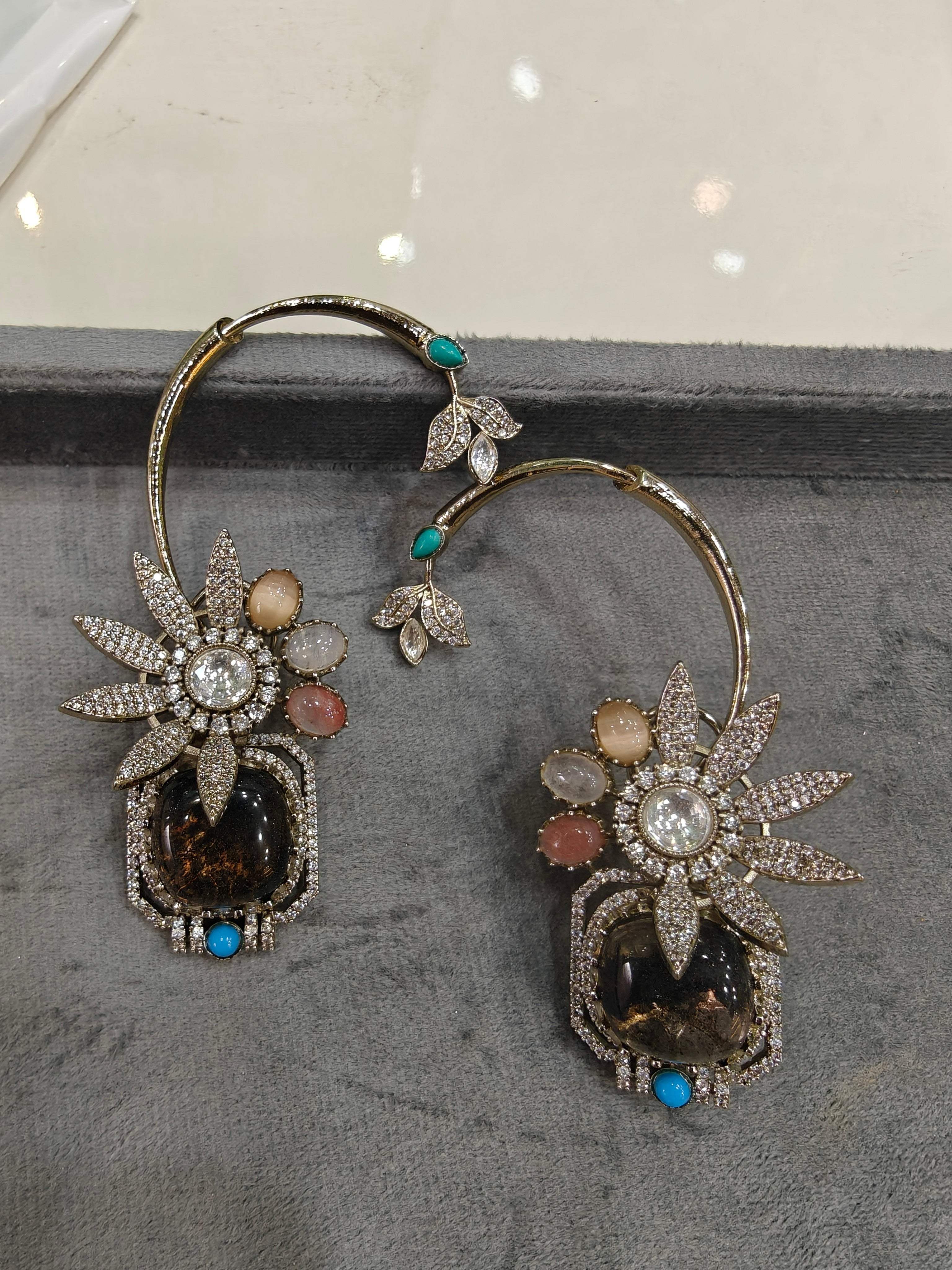 Advisha Flower Gemstone Statement Earcuff- Brown Multi