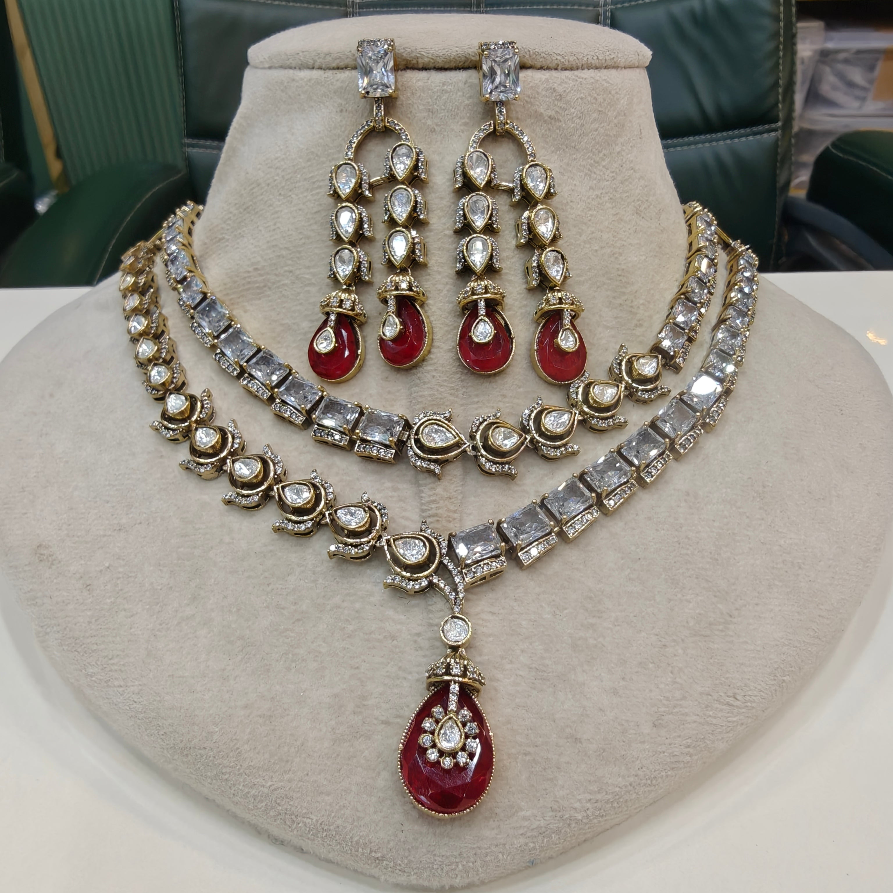 Mehrusa Polki AD Double Layer Necklace Set- White Red
