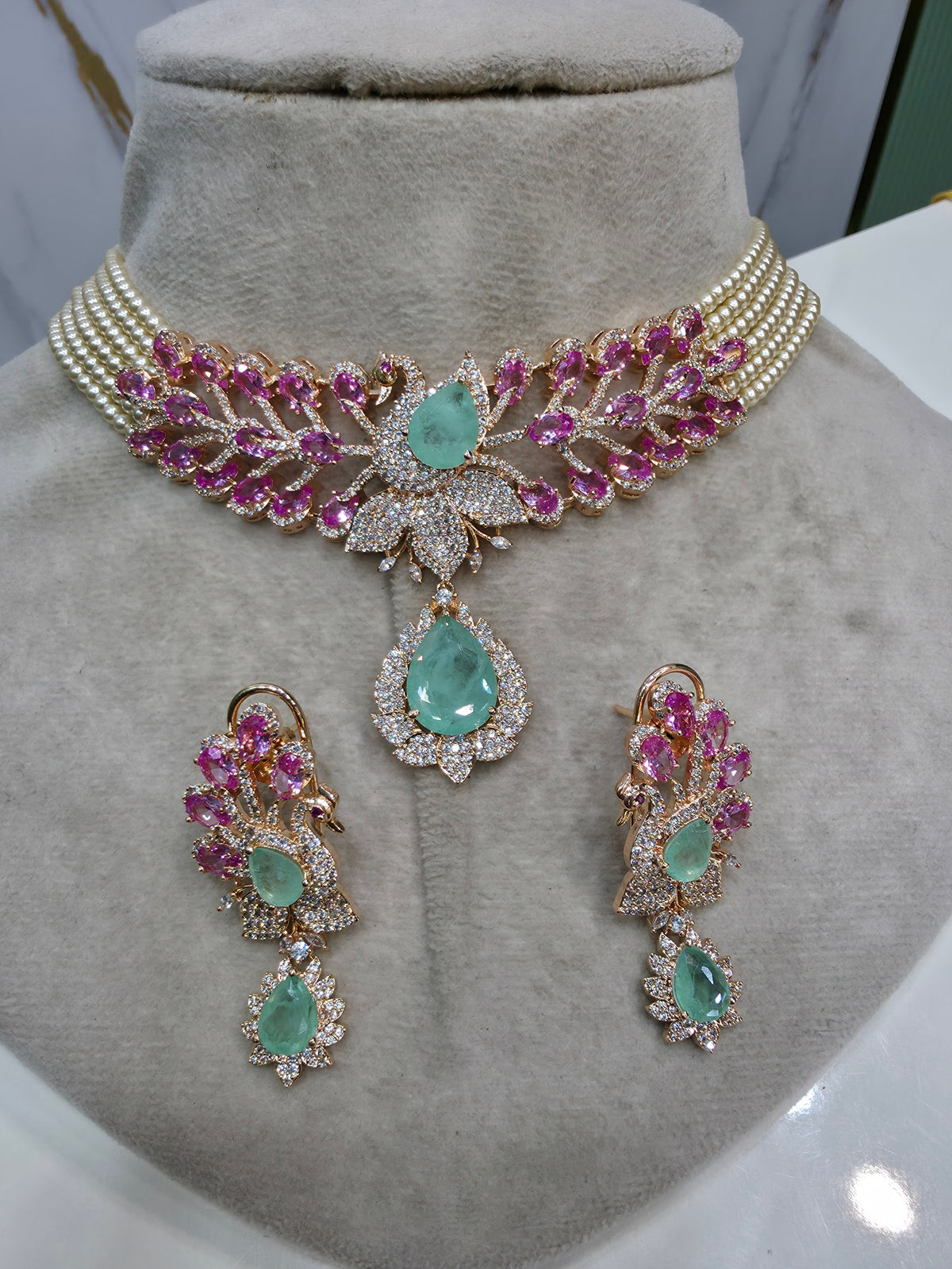 Mayura Hazoori Inspired Doublet and Pearl Choker Necklace Set- Mint Pink