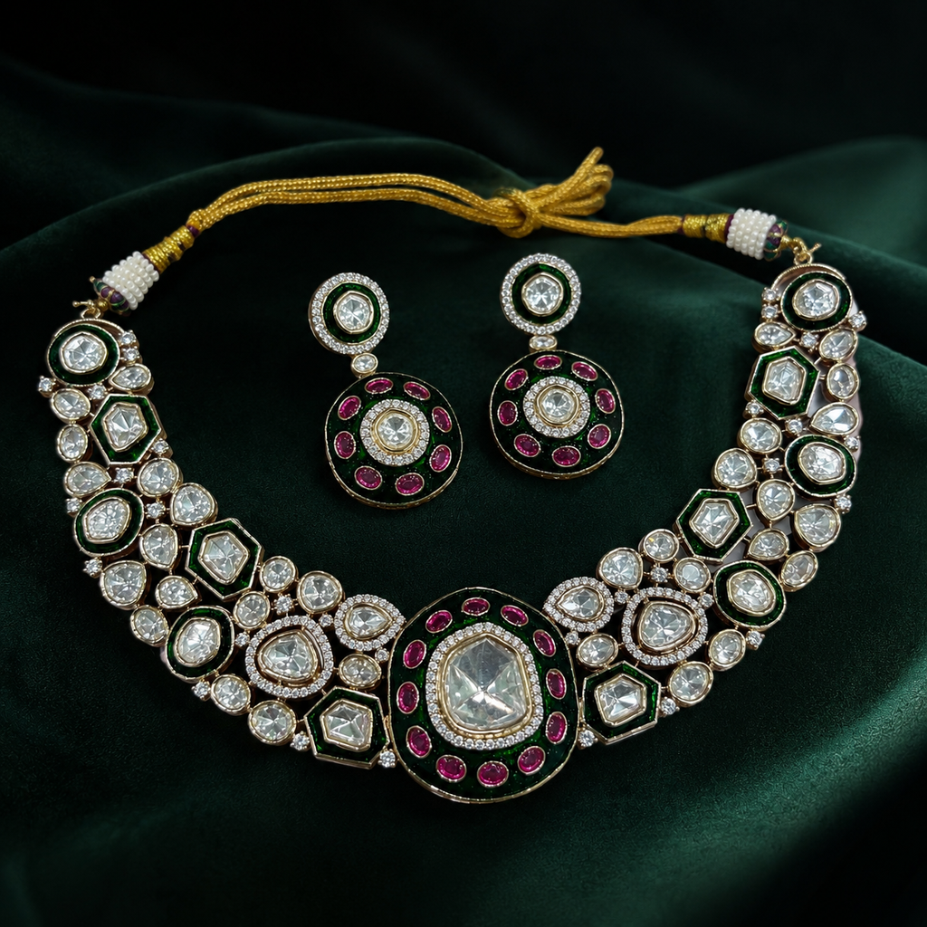 Kadambari Sunheri Moissanite Kundan Necklace Set