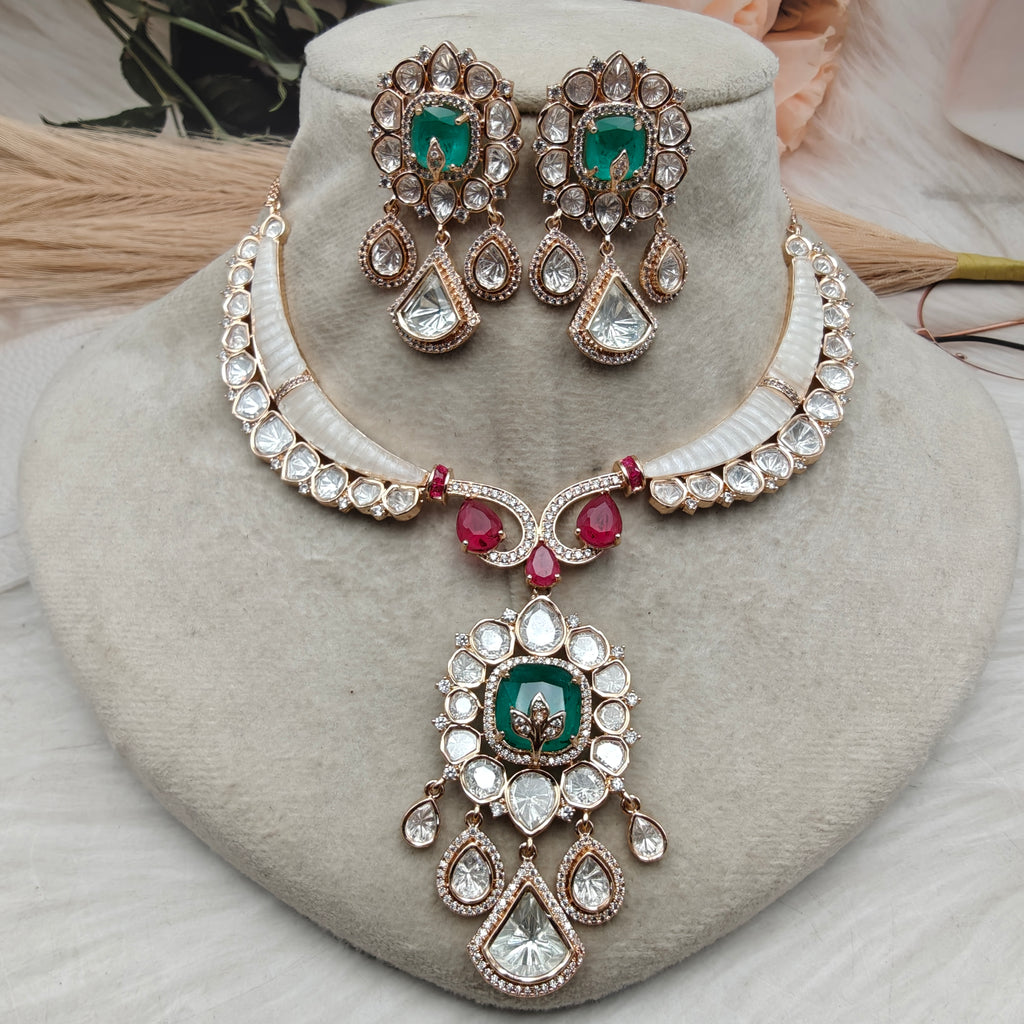 Aradhana Natural Mother of Pearl and Doublet Statement Necklace Set- Green and Red