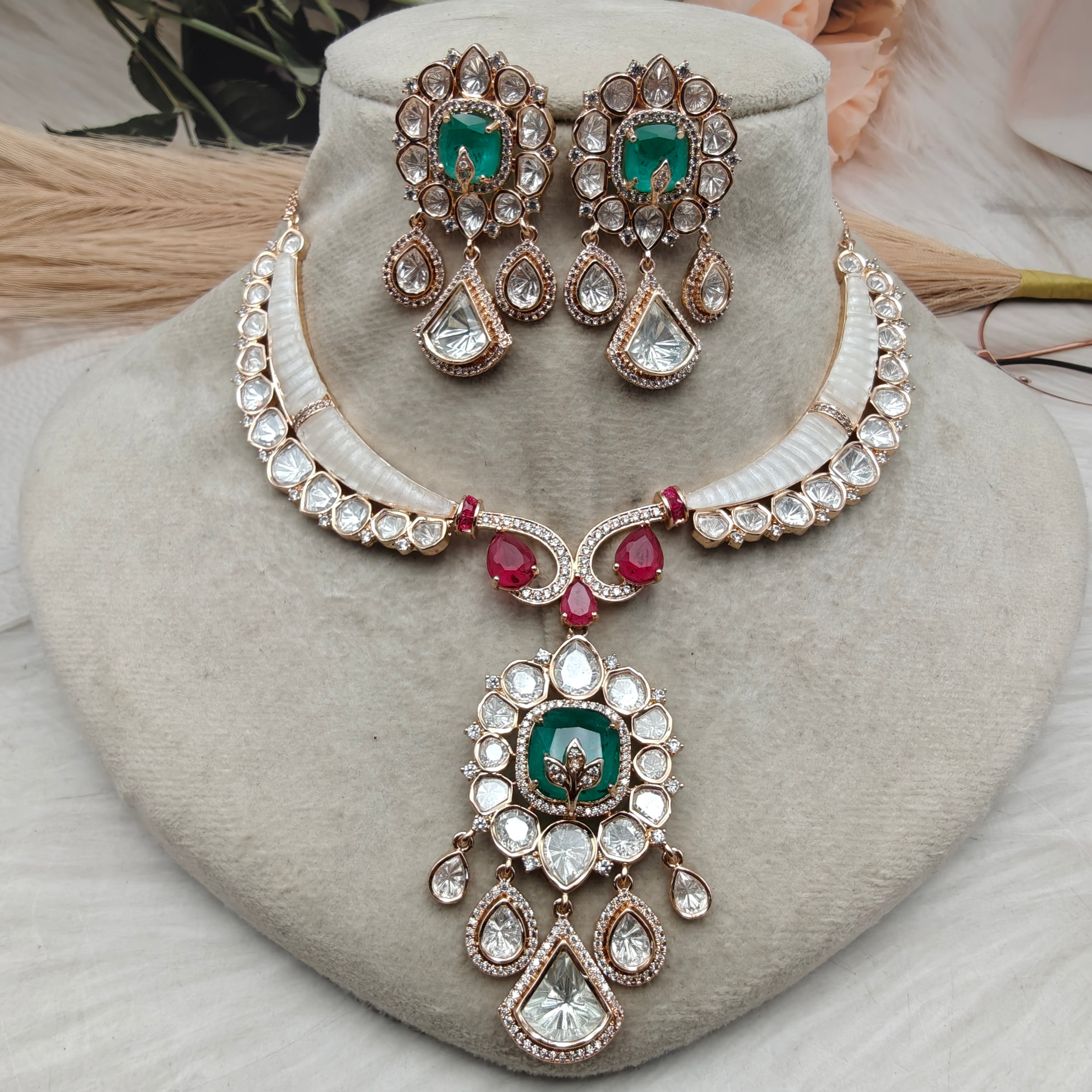 Aradhana Natural Mother of Pearl and Doublet Statement Necklace Set- Green and Red