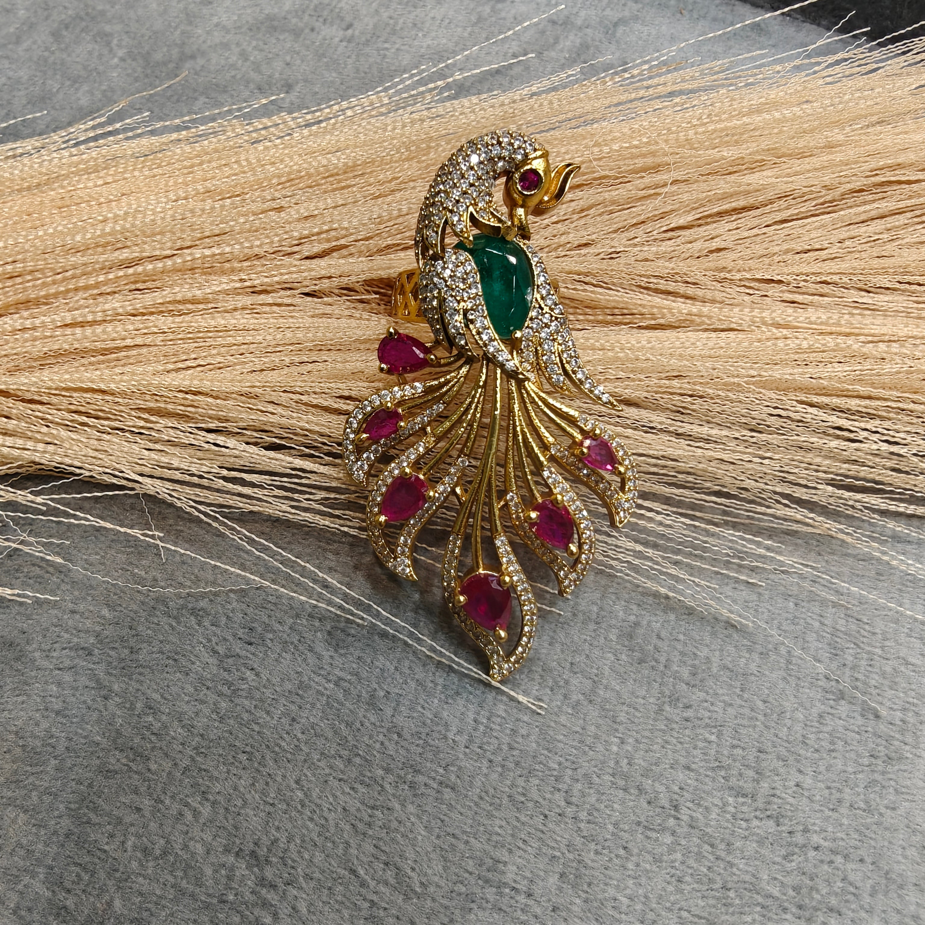 Vantara Mayura Adjustable Finger Ring- Ruby and Green