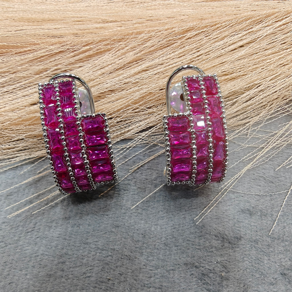 Supriya AD baguette Silver Plated Hoops - Hot Pink