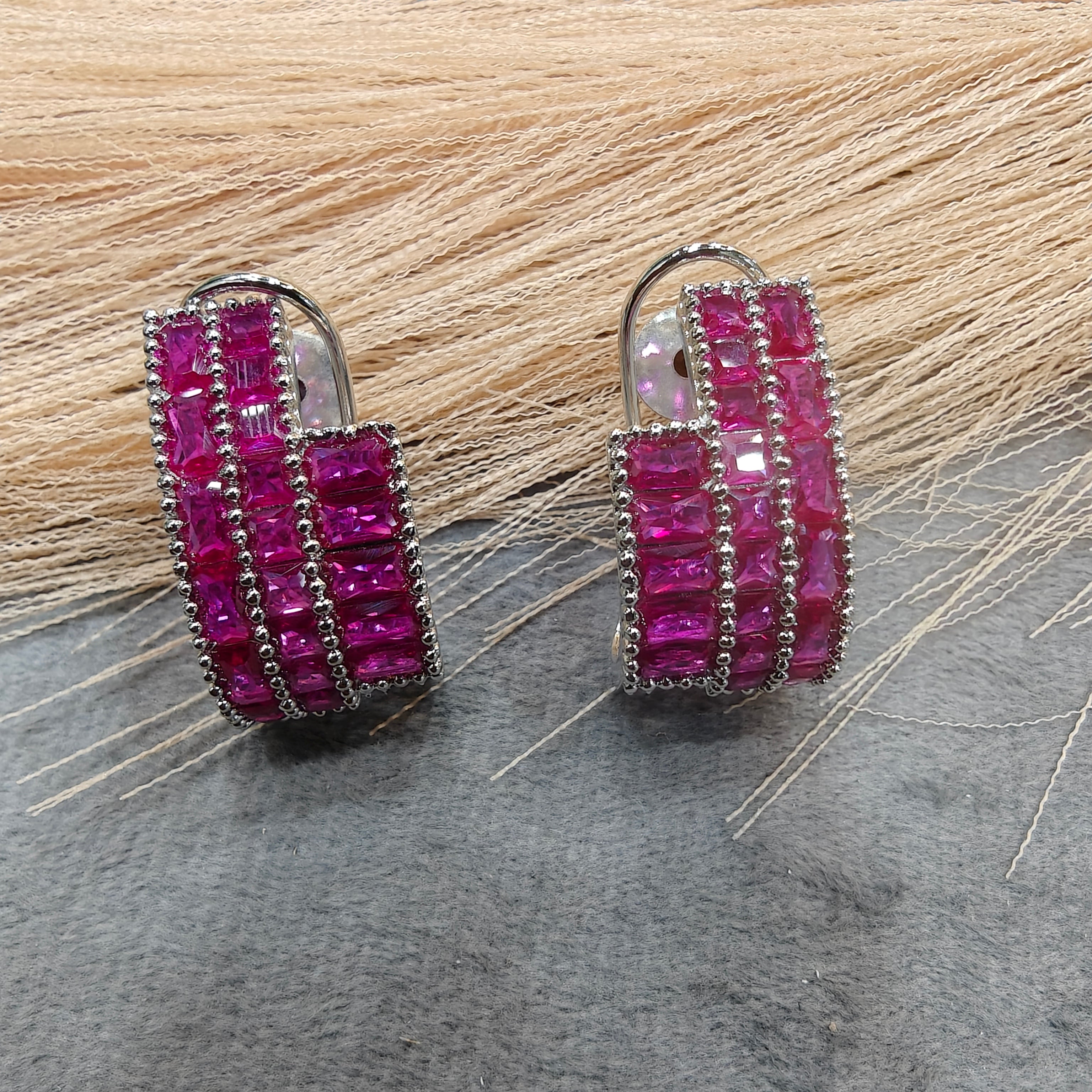 Supriya AD baguette Silver Plated Hoops - Hot Pink