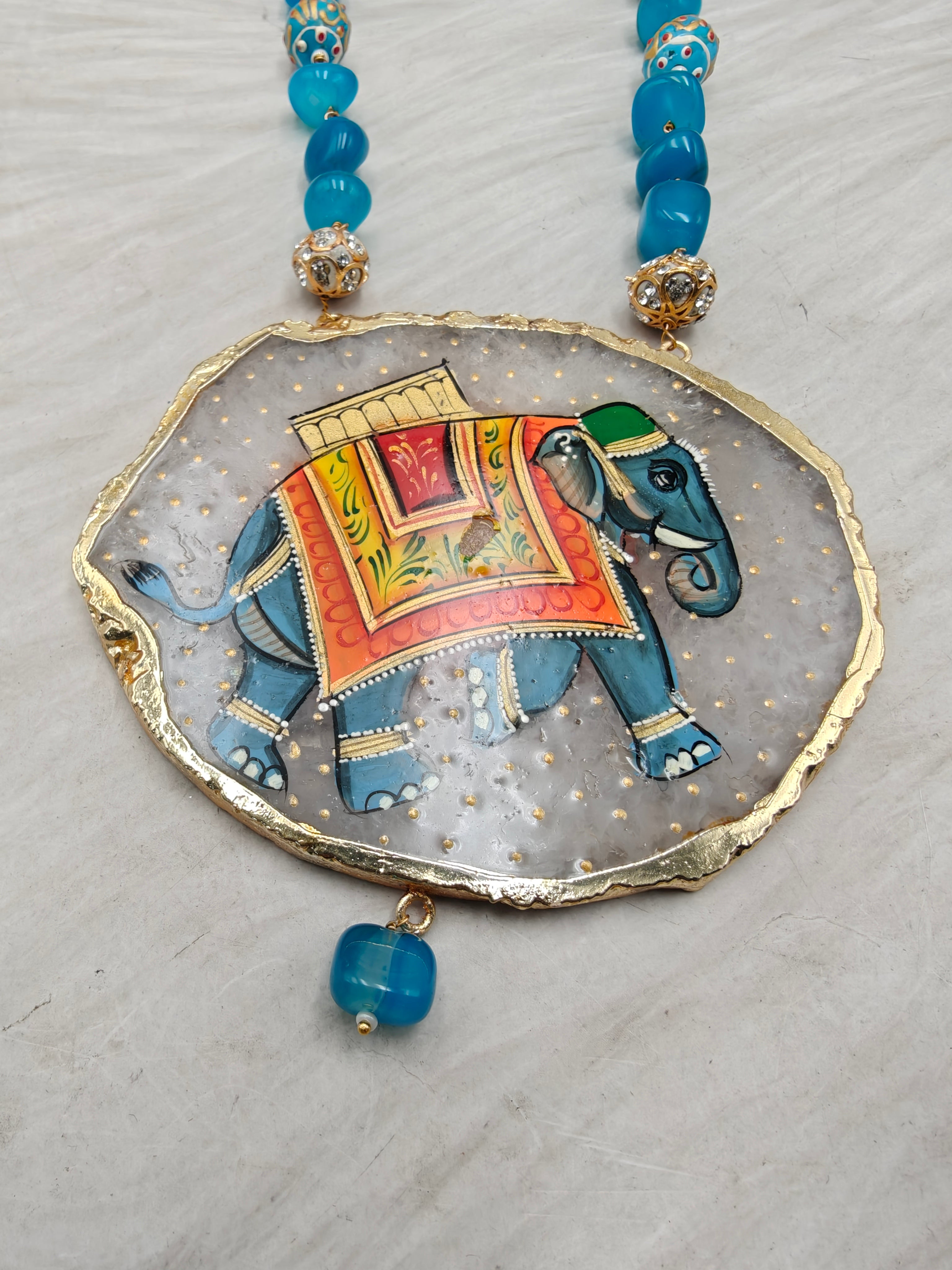Elephant Tanjore Natural Stone Necklace Set - Teal Blue