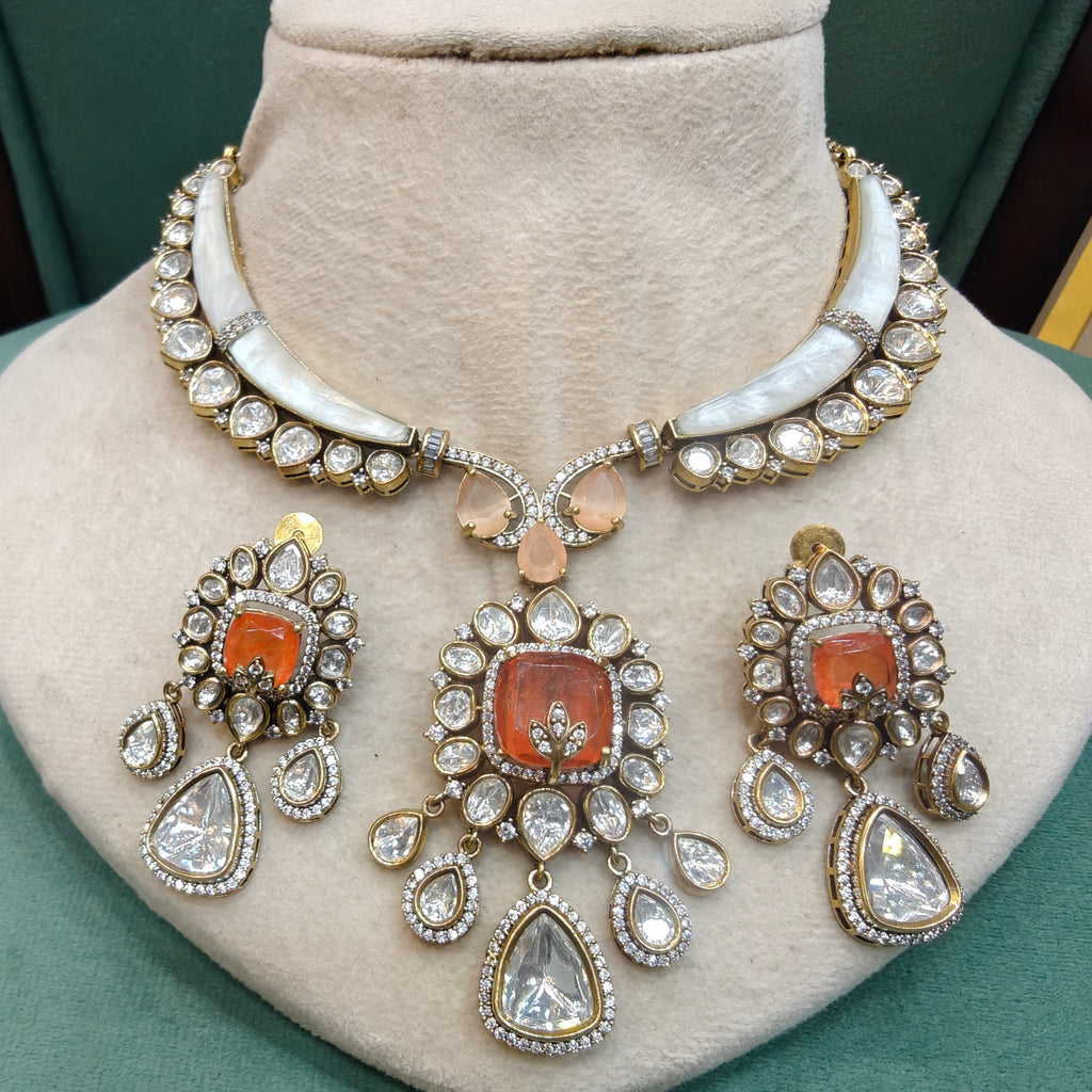 Elira Shell Stone and Doublet Hasli Style Necklace Set- Orange