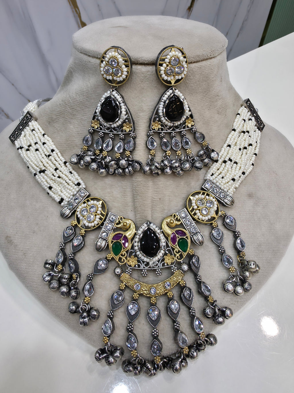 Shriyali Silver Oxidised Brass Choker Necklace Set- Black