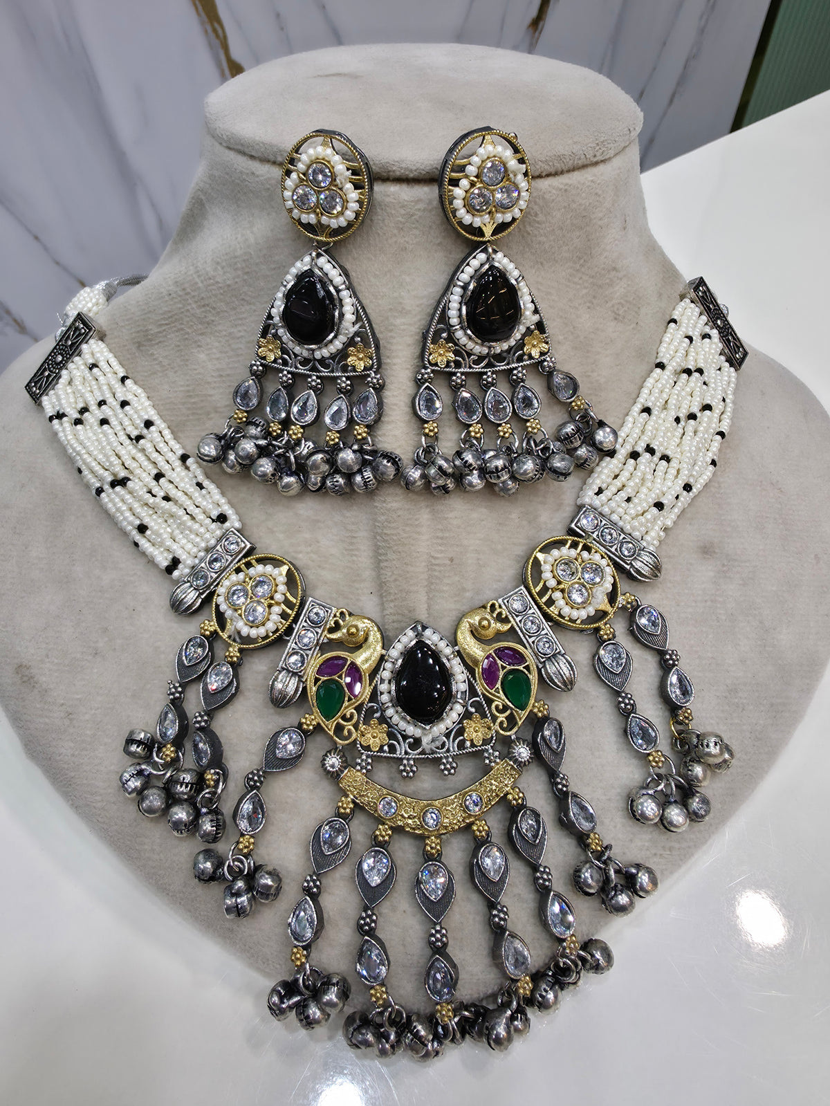 Shriyali Silver Oxidised Brass Choker Necklace Set- Black