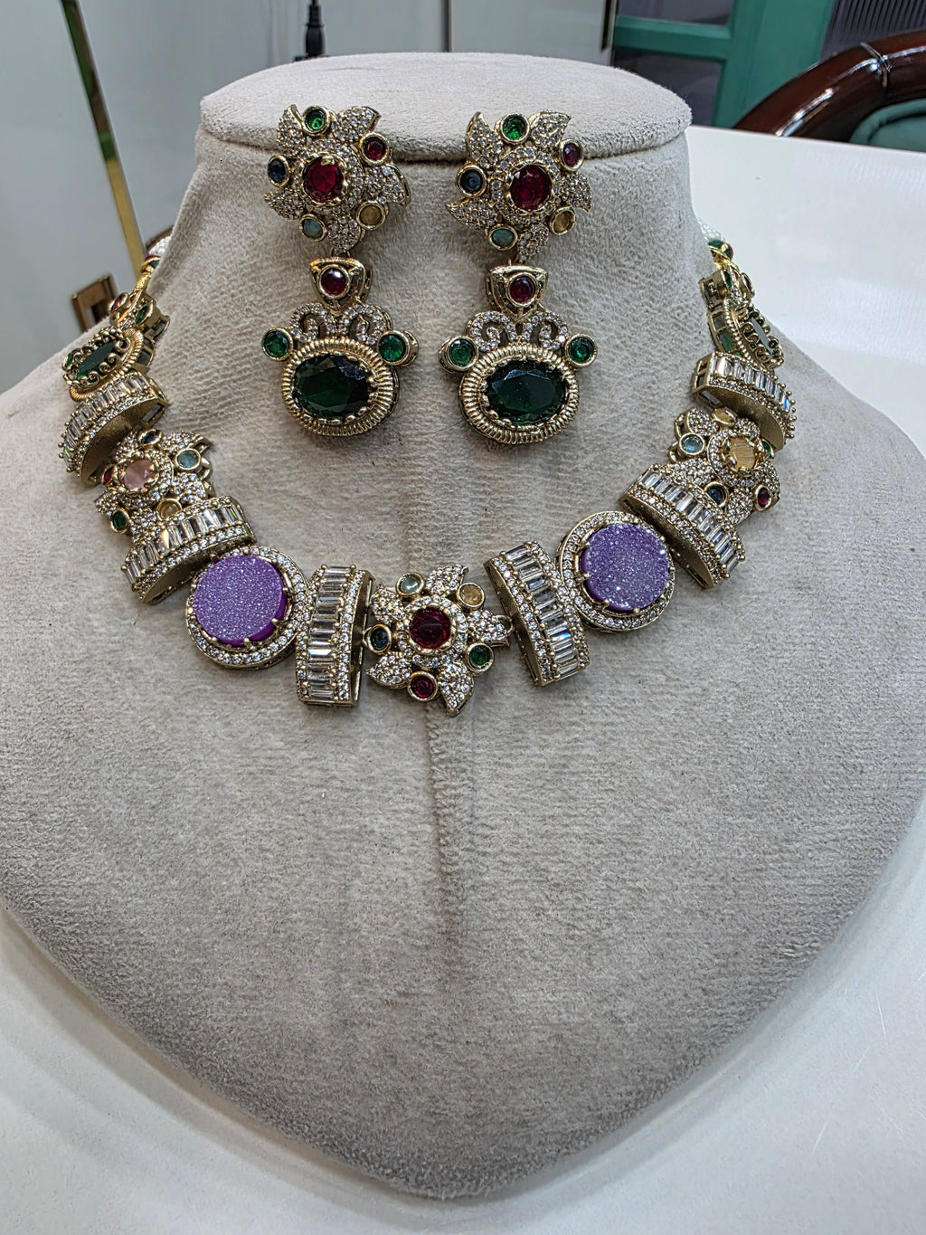 Svarag Sabyasachi Inspired Druzy Stone Choker Necklace Set- Purple Green