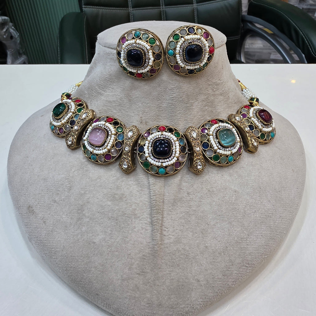 Anaysha Navratan choker Necklace Set- Multi