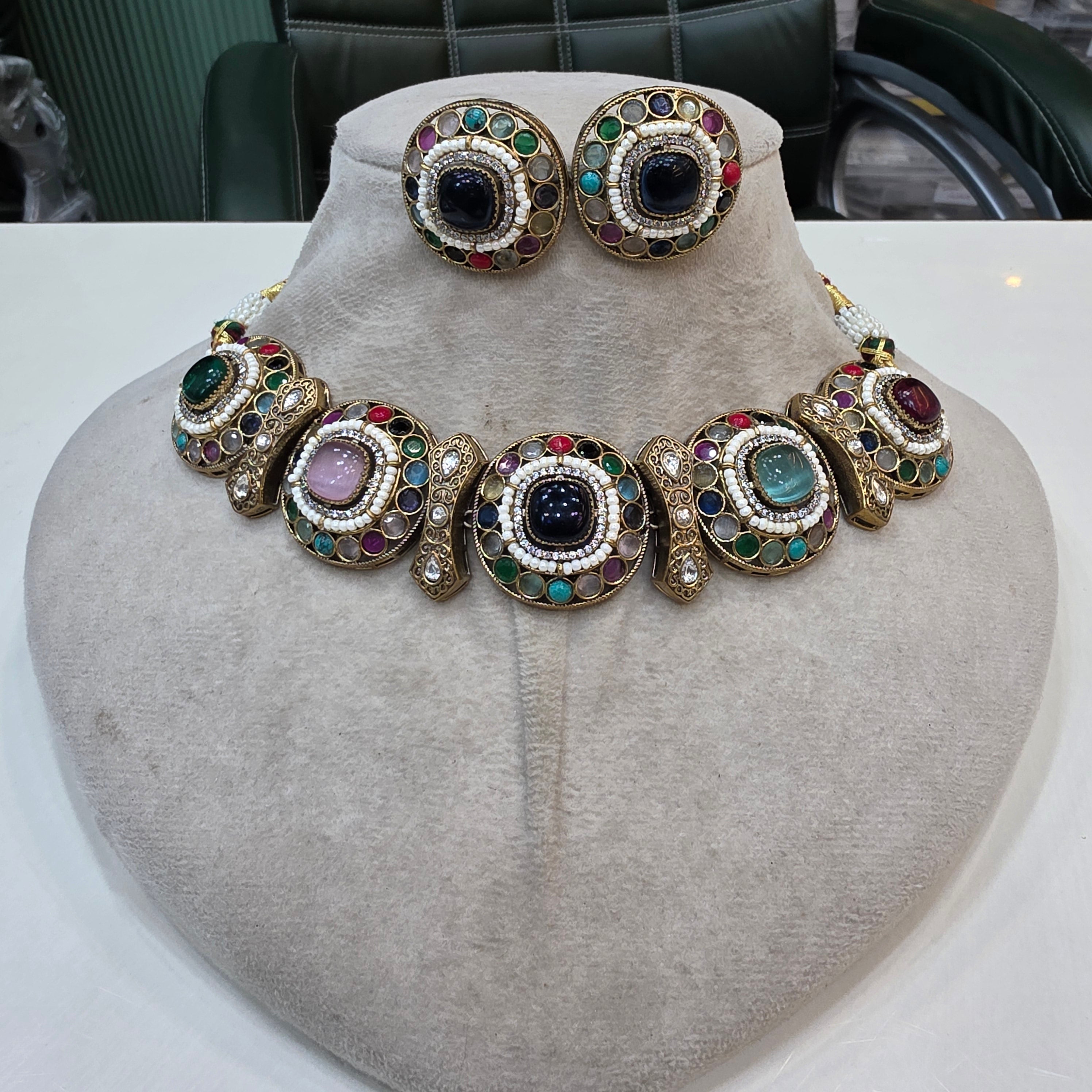 Anaysha Navratan choker Necklace Set- Multi
