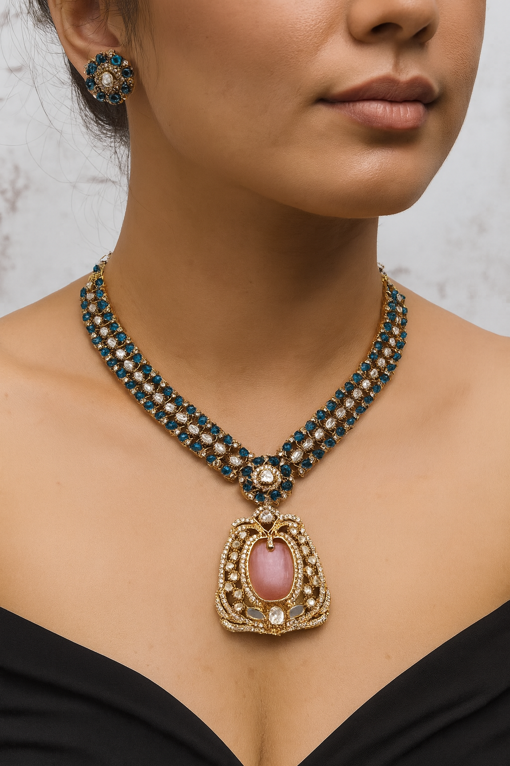 Gulnaz Royale Necklace Set - Blue n Pink