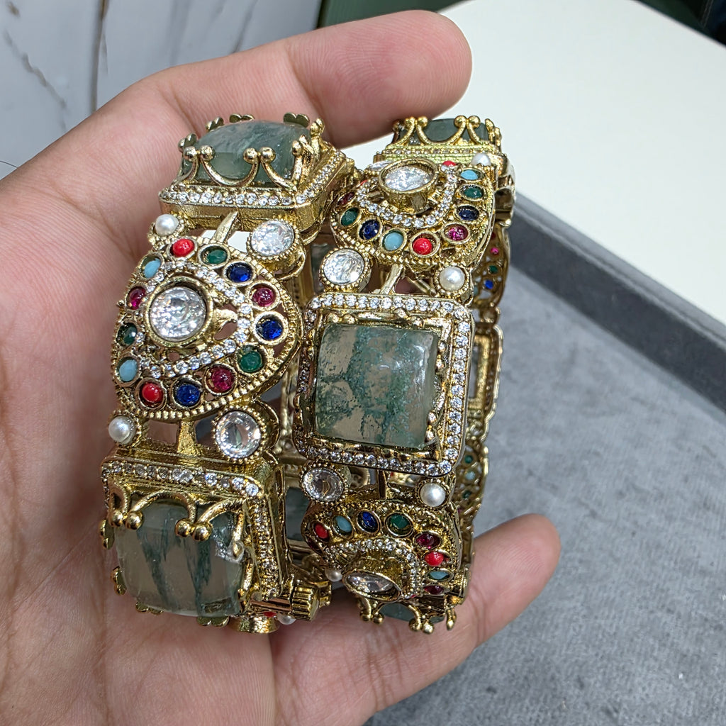 Chavi Sabya Inspired Gemstone Openable Bangles - Moss Green