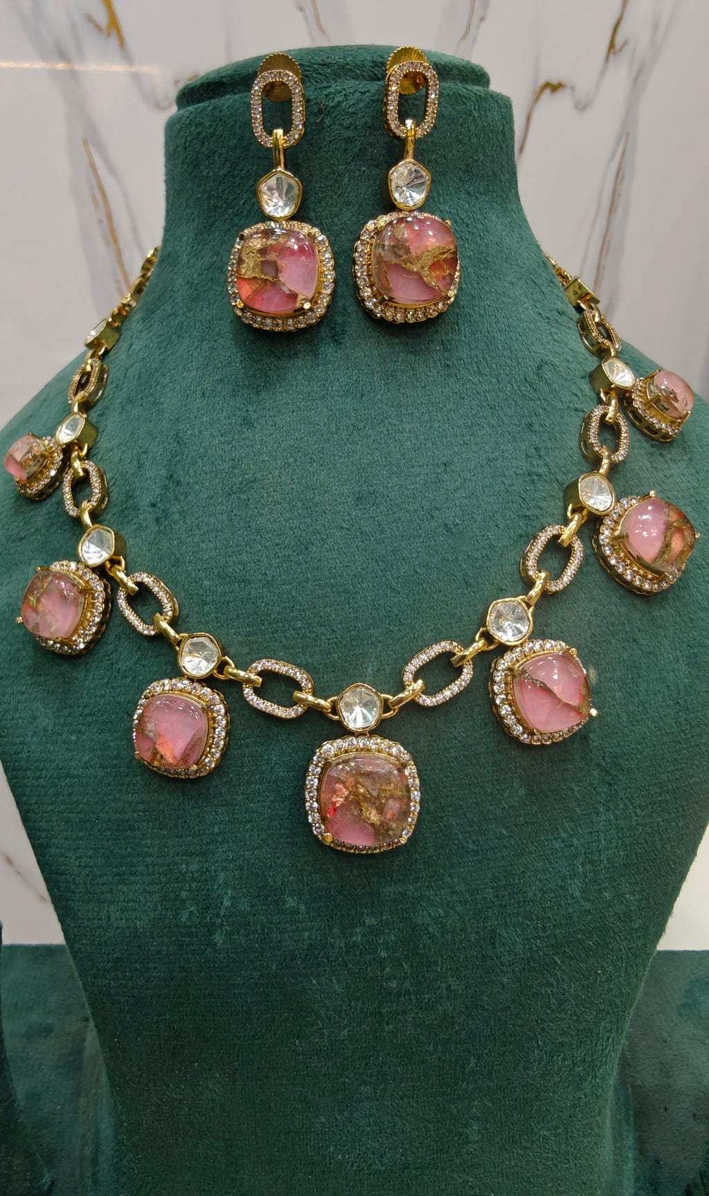Aaryah Tourmaline Doublet Moissanite Polki Necklace Set - Pink