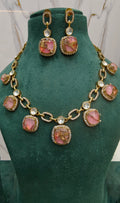 Aaryah Tourmaline Doublet Moissanite Polki Necklace Set - Pink