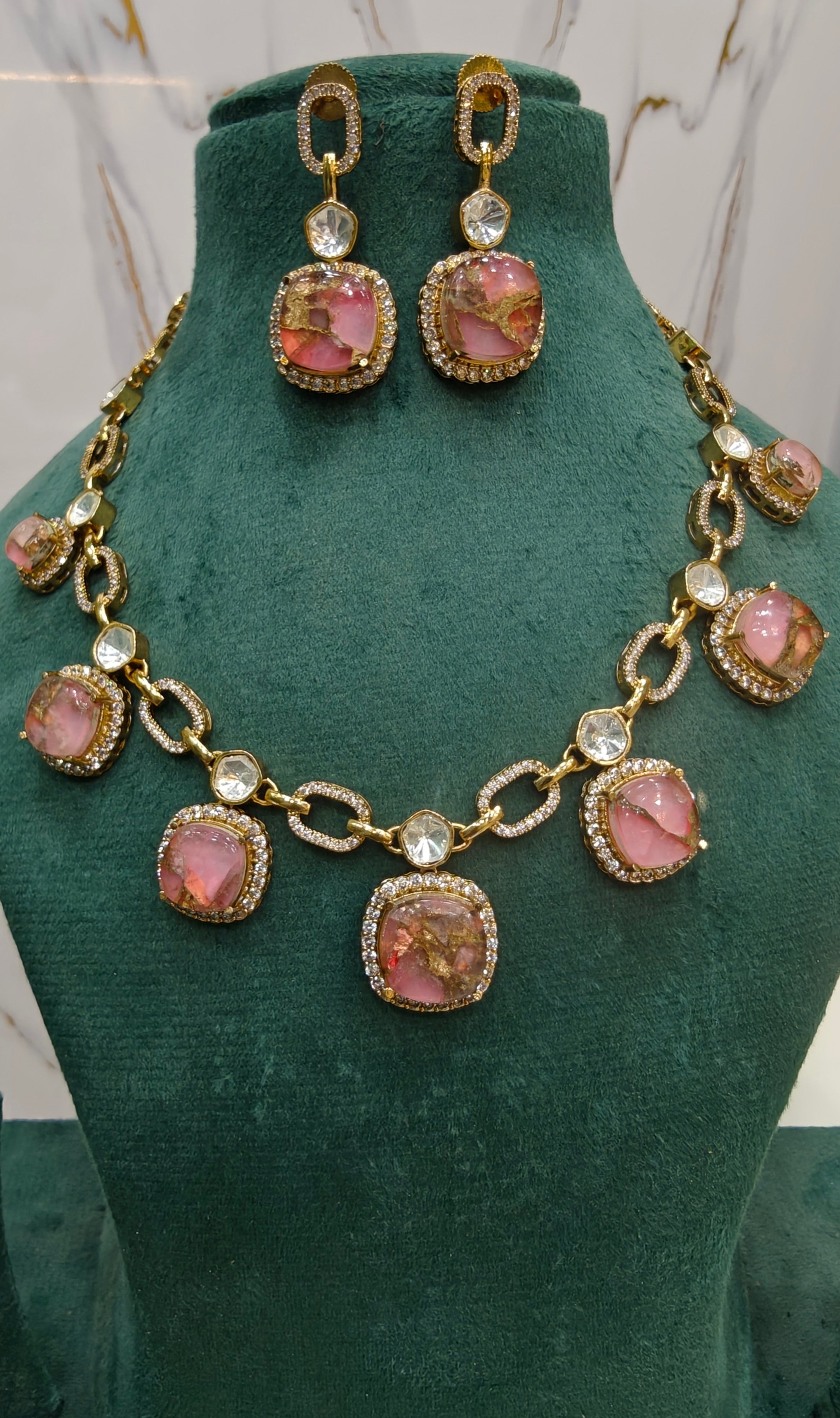 Aaryah Tourmaline Doublet Moissanite Polki Necklace Set - Pink