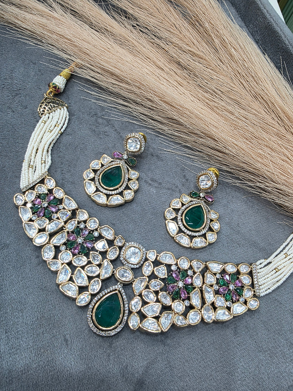 Arifa Polki Kundan Choker Necklace Set- Emerald Multi