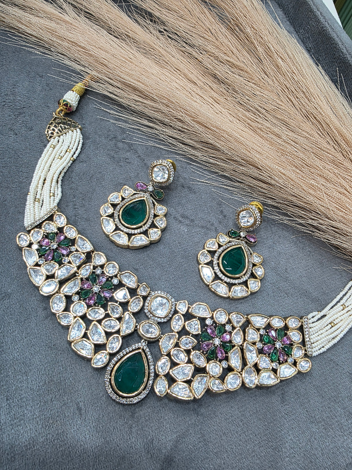 Arifa Polki Kundan Choker Necklace Set- Emerald Multi