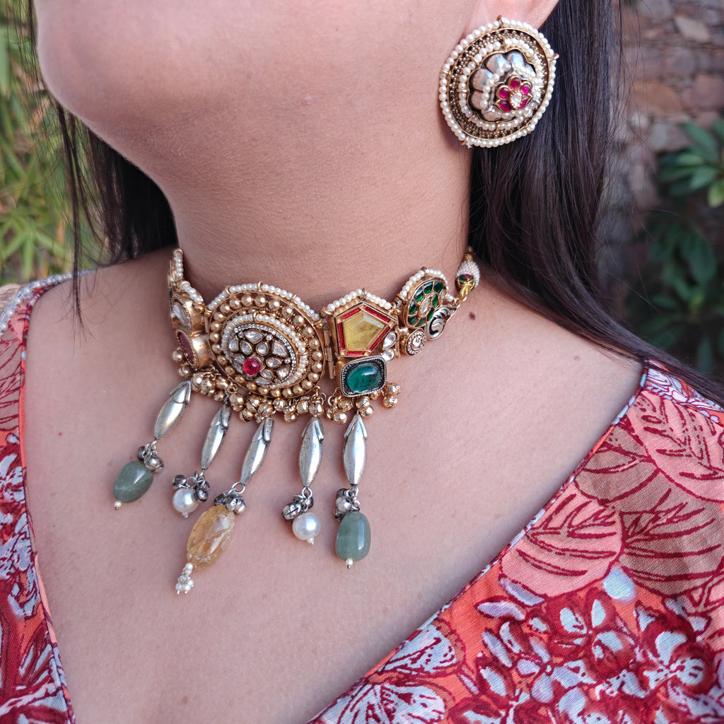 Runjhun Handcrafted Doublet and Moissanite Brass Fusion Choker Set